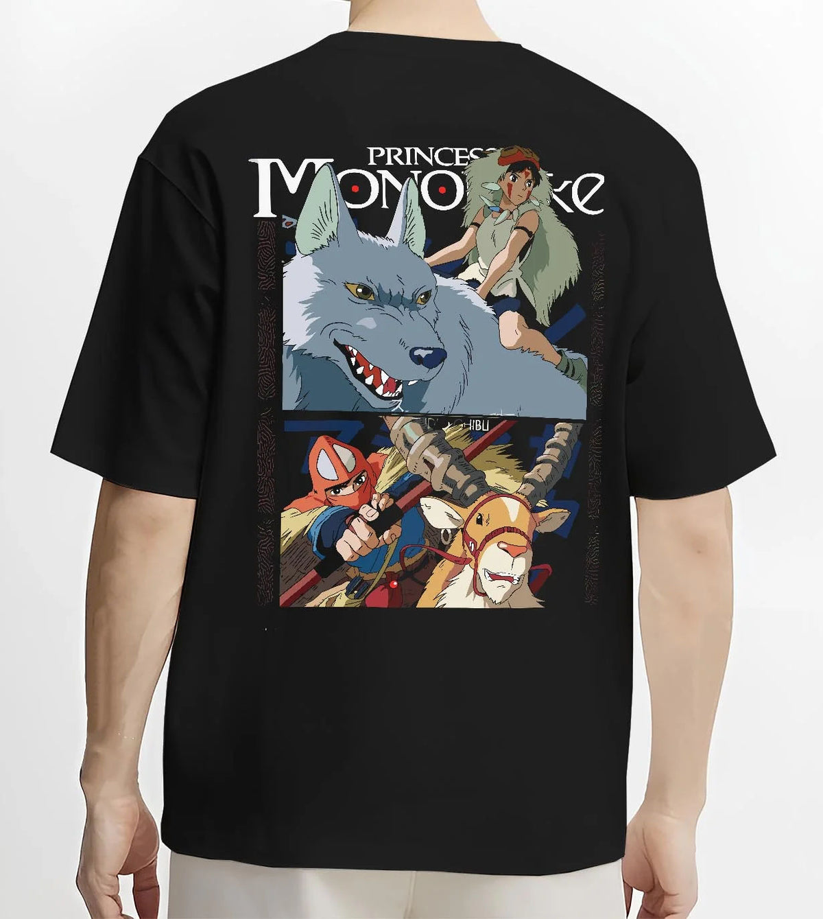 Black T-shirt worn by male model from the back featuring San and the wolf clan artwork.