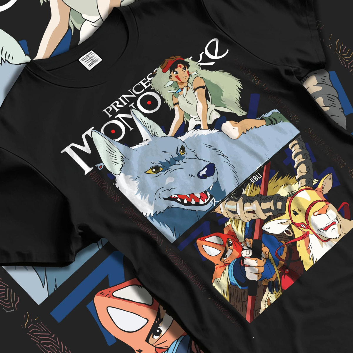 Black T-shirt laid flat with natural folds featuring San and the wolf clan artwork.
