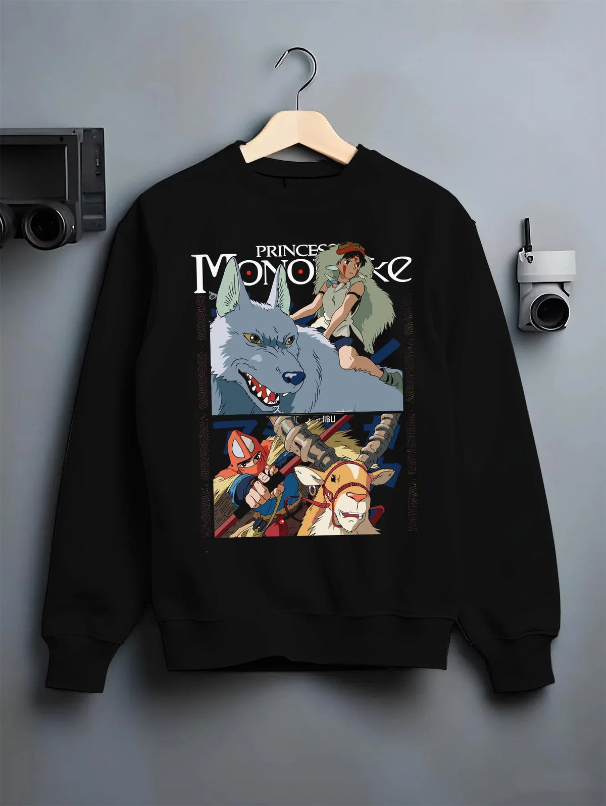 Black crewneck sweatshirt on hanger featuring San and the wolf clan artwork.