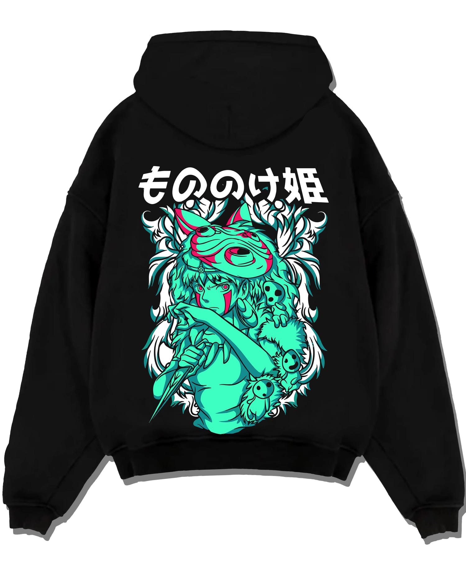 Black pullover hoodie laid flat with Princess Mononoke Hoodie Studio Ghibli Wolf Girl graphic premium wear.