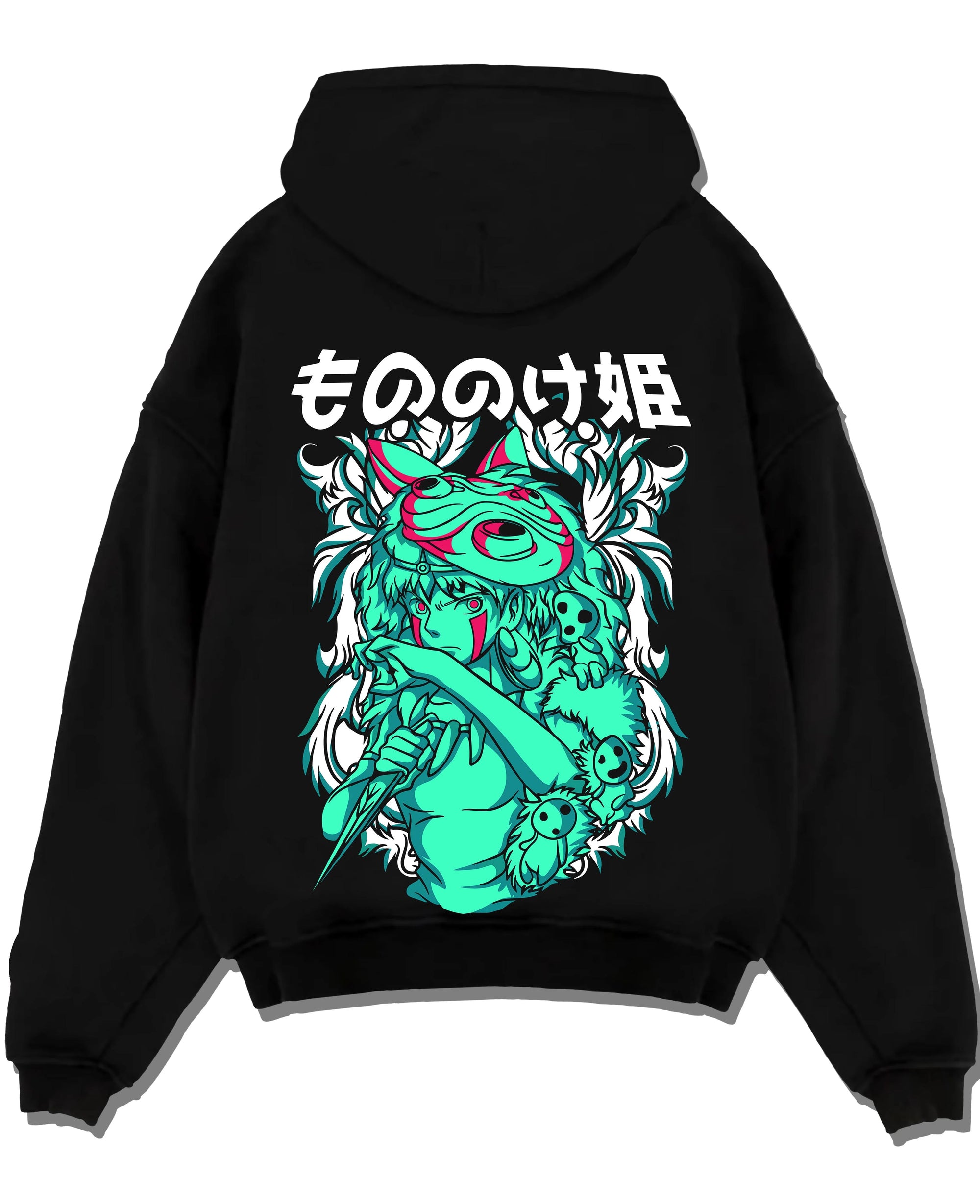 Black pullover hoodie laid flat with Princess Mononoke Hoodie Studio Ghibli Wolf Girl graphic premium wear.