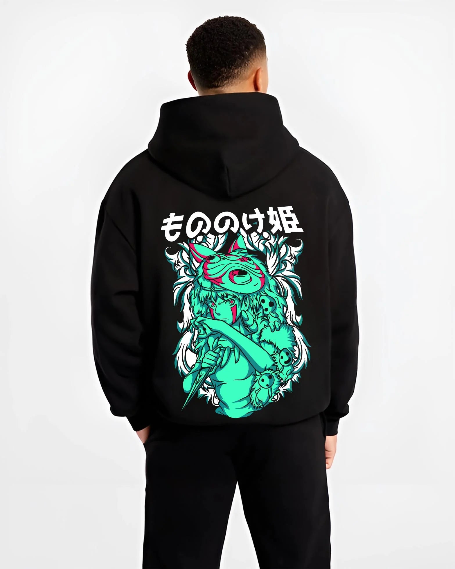 Black hoodie worn by male model, back view with Princess Mononoke Hoodie Studio Ghibli Wolf Girl graphic bold anime graphic.