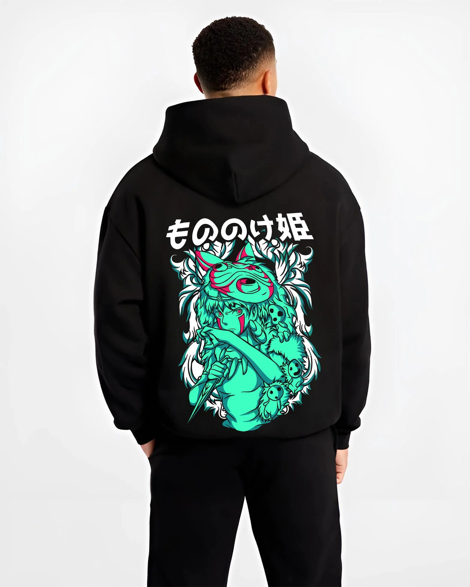 Black hoodie worn by male model, back view with Princess Mononoke Hoodie Studio Ghibli Wolf Girl graphic bold anime graphic.
