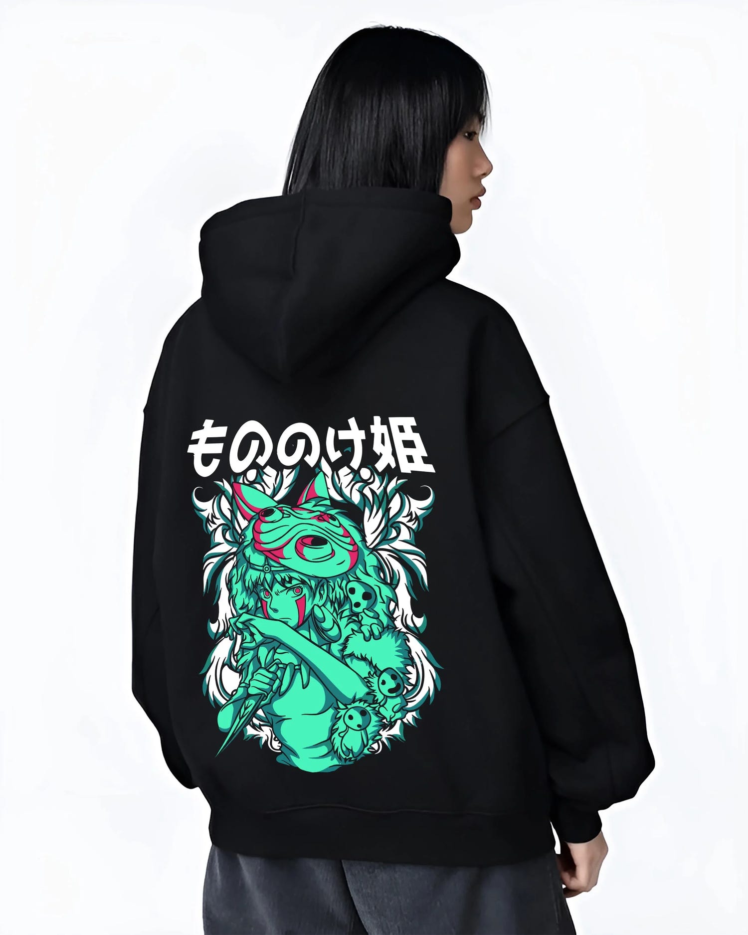 Black hoodie worn by female model, back view with Princess Mononoke Hoodie Studio Ghibli Wolf Girl graphic San themed artwork.