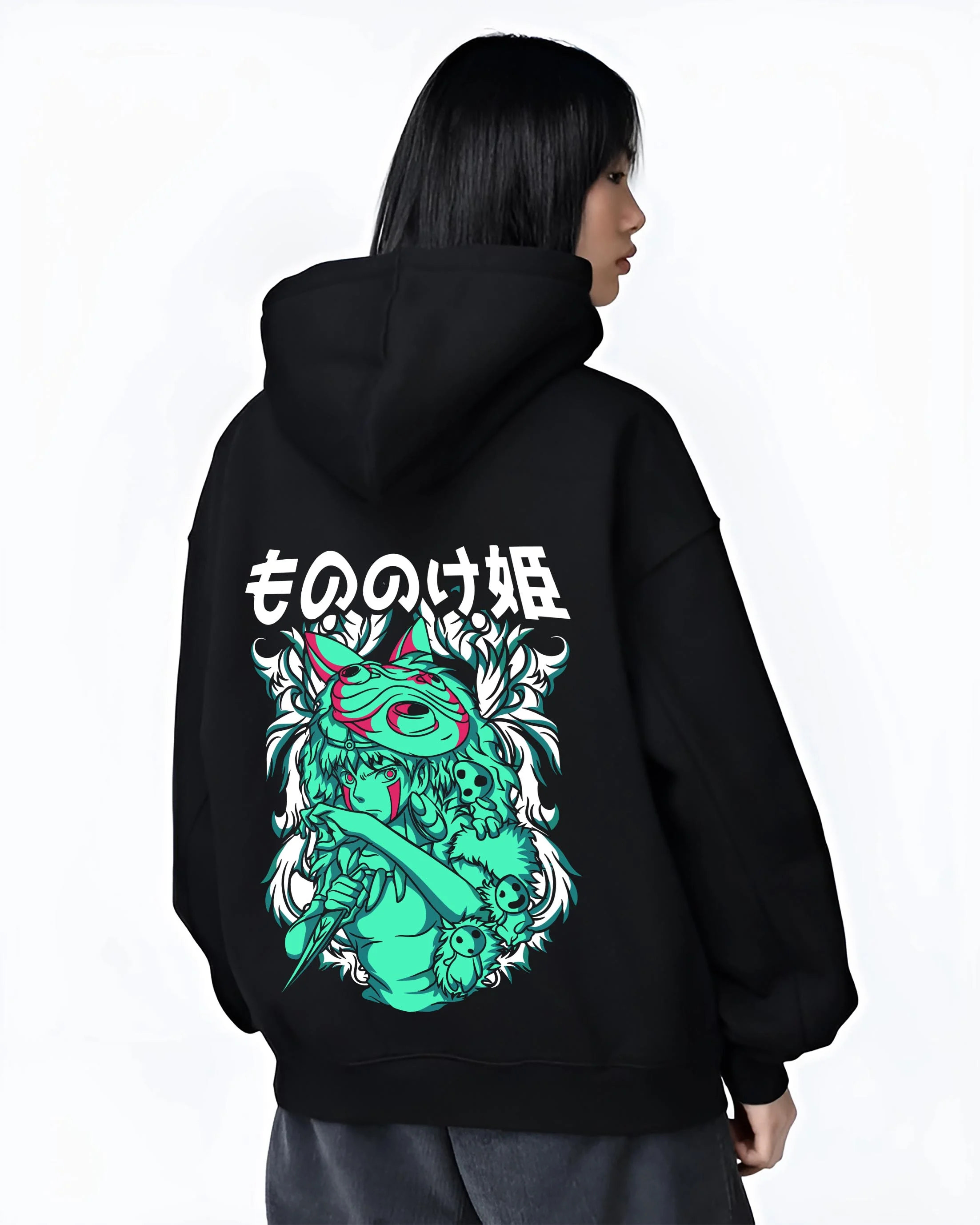 Black hoodie worn by female model, back view with Princess Mononoke Hoodie Studio Ghibli Wolf Girl graphic San themed artwork.