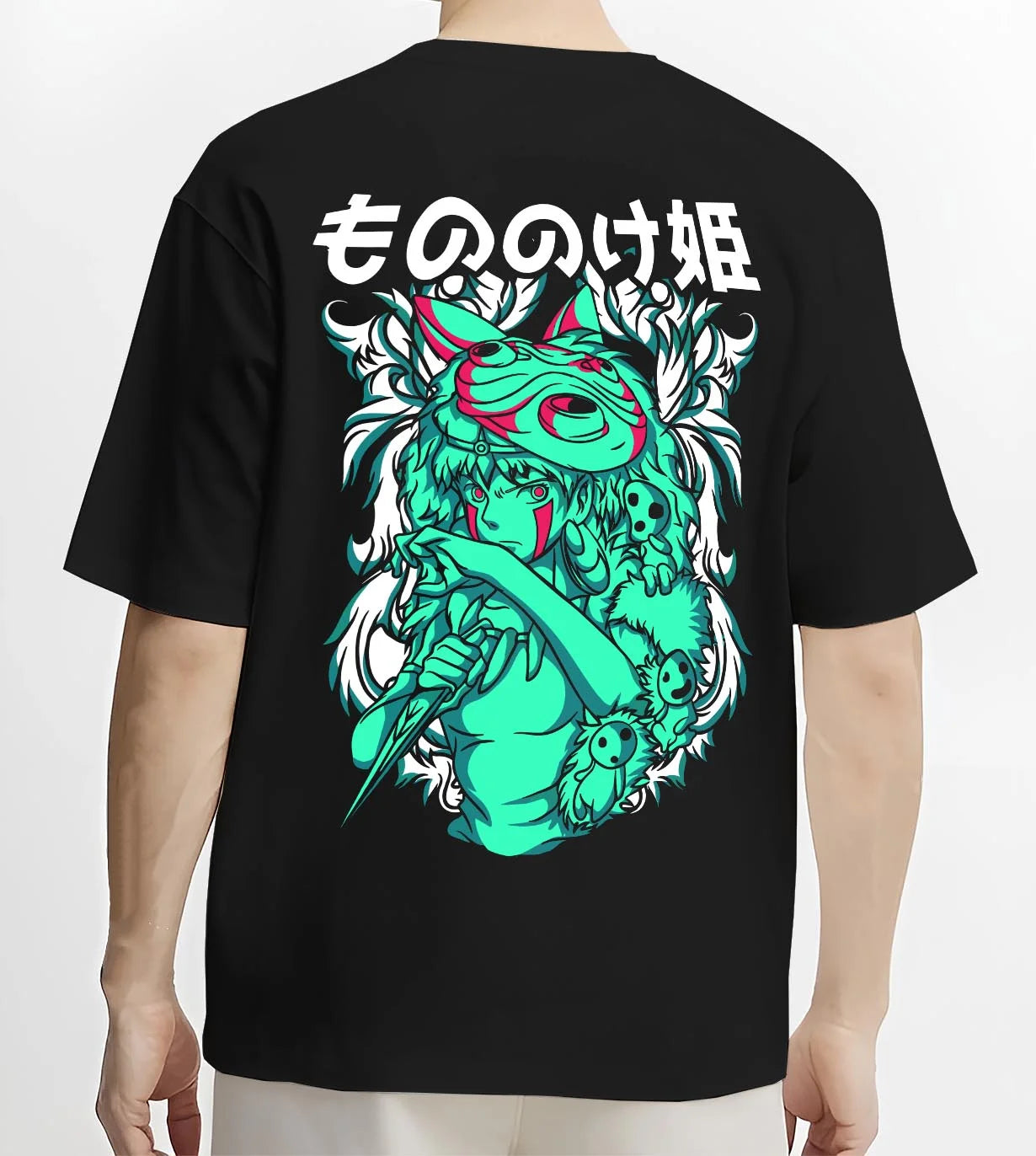 Black T-shirt worn by male model, back view with Princess Mononoke Hoodie Studio Ghibli Wolf Girl graphic streetwear graphic.