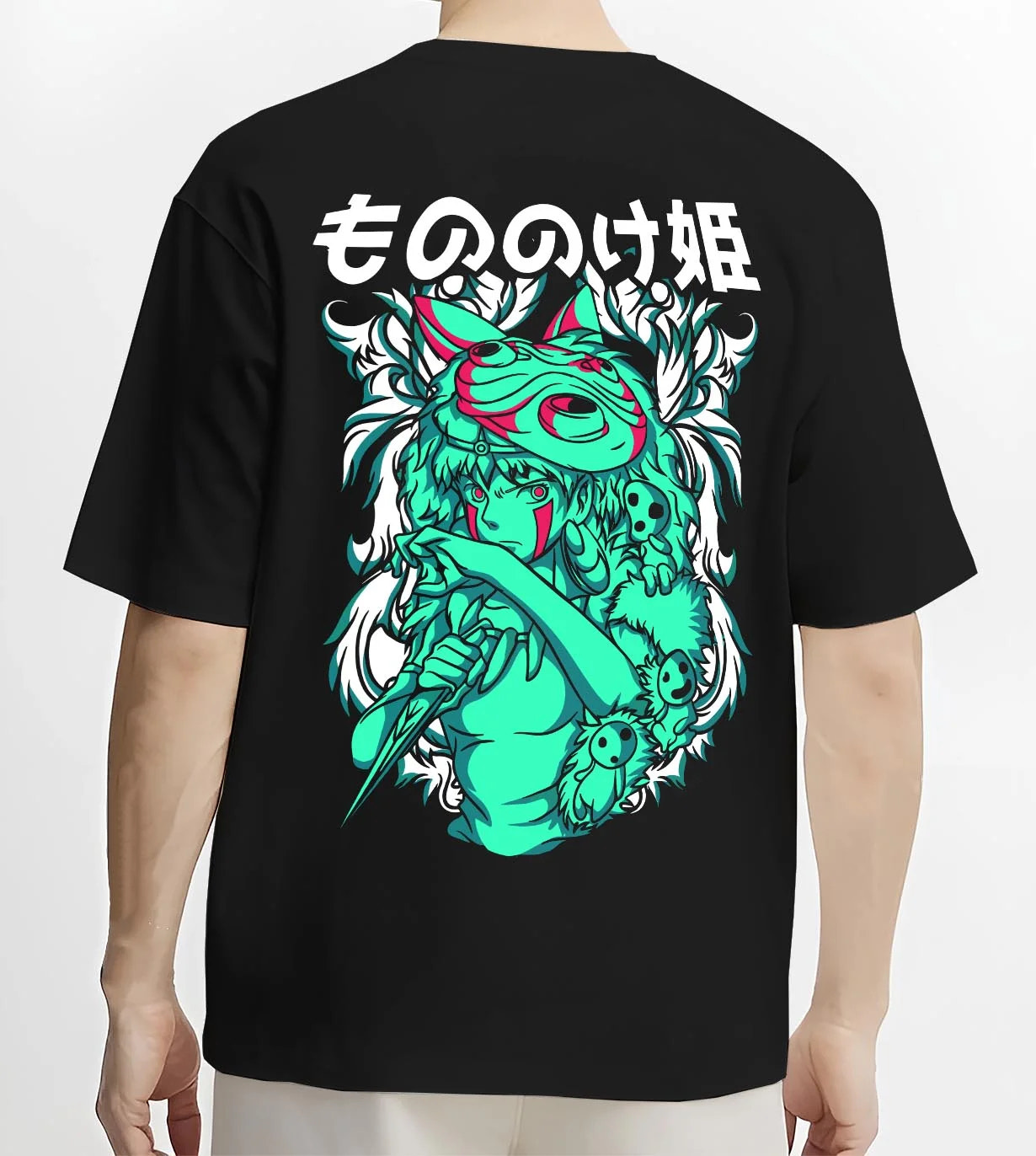 Black T-shirt worn by male model, back view with Princess Mononoke Hoodie Studio Ghibli Wolf Girl graphic streetwear graphic.