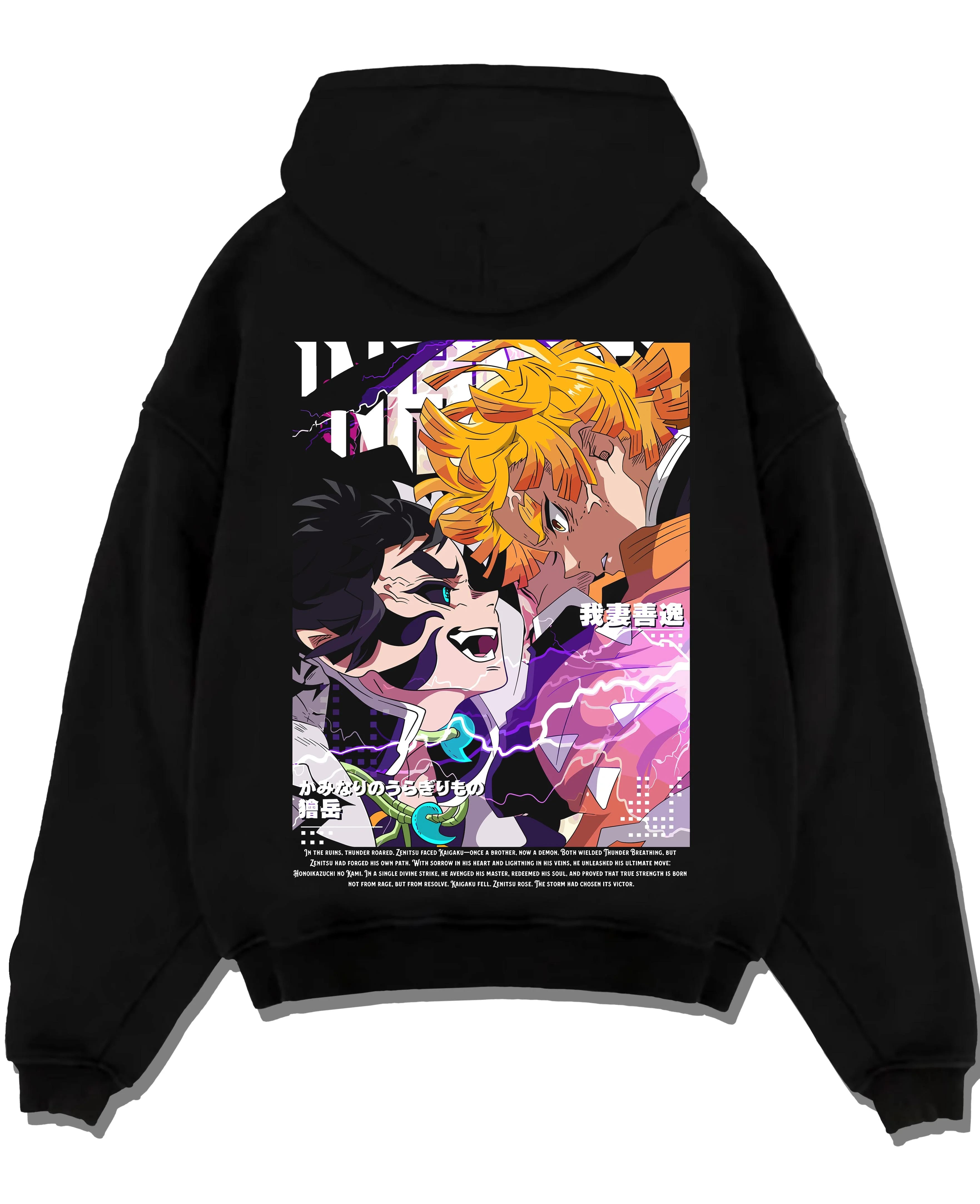 Black pullover hoodie laid flat with Rengoku Uzui Hoodie Demon Slayer Flame Sound Hashira graphic bold anime graphic.