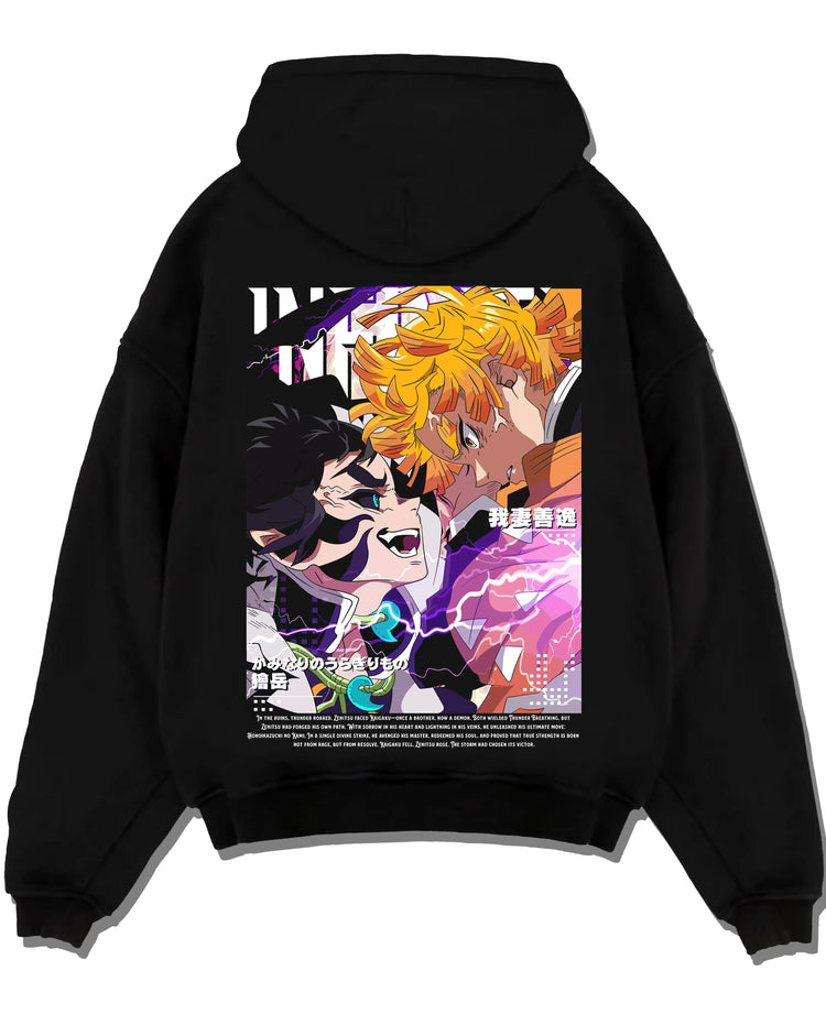 Black pullover hoodie laid flat with Rengoku Uzui Hoodie Demon Slayer Flame Sound Hashira graphic bold anime graphic.