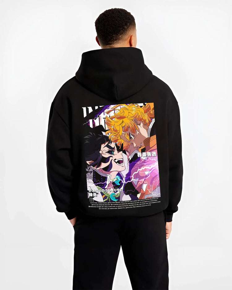 Black hoodie worn by male model, back view with Rengoku Uzui Hoodie Demon Slayer Flame Sound Hashira graphic bold anime graphic.
