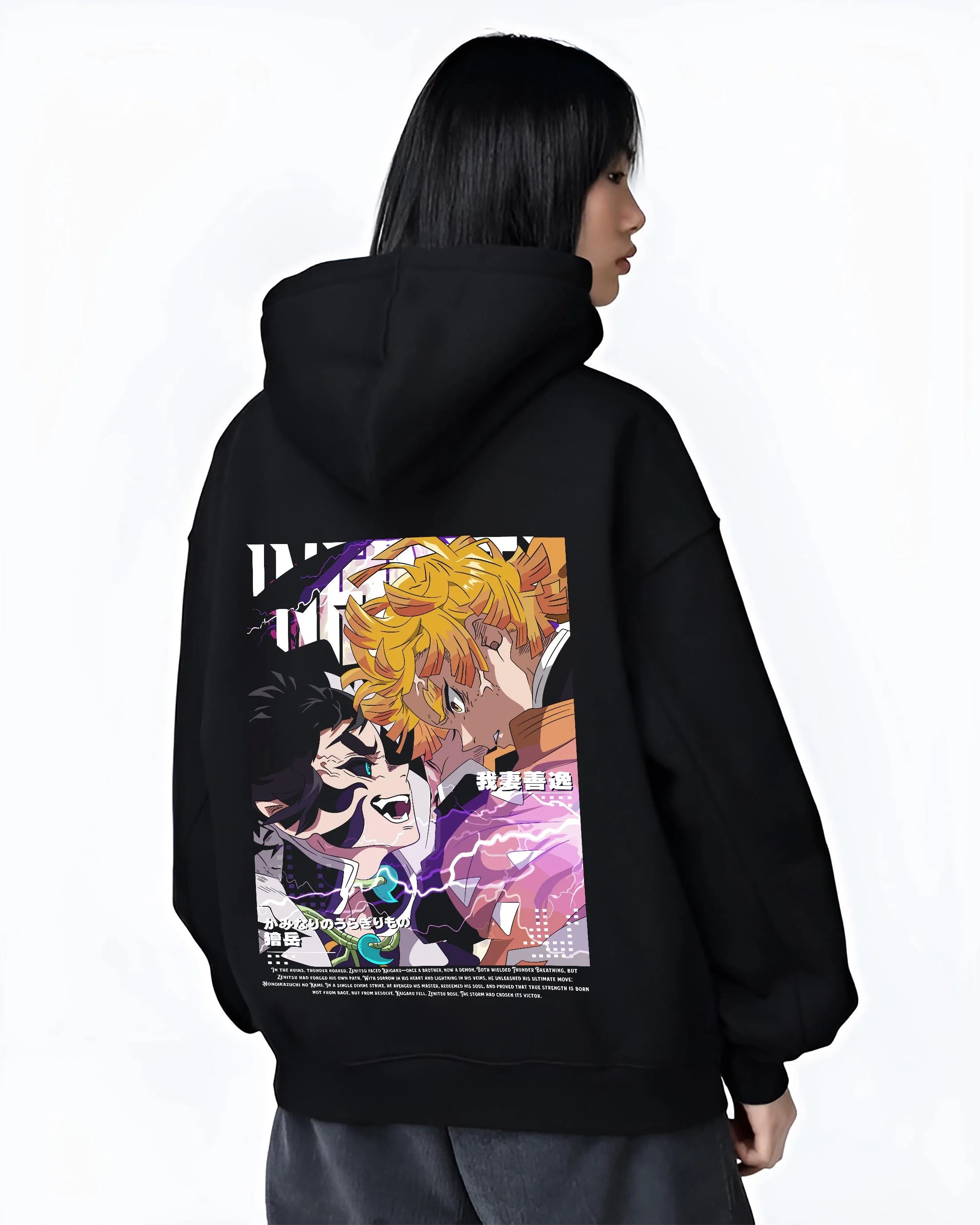 Black hoodie worn by female model, back view with Rengoku Uzui Hoodie Demon Slayer Flame Sound Hashira graphic streetwear graphic.