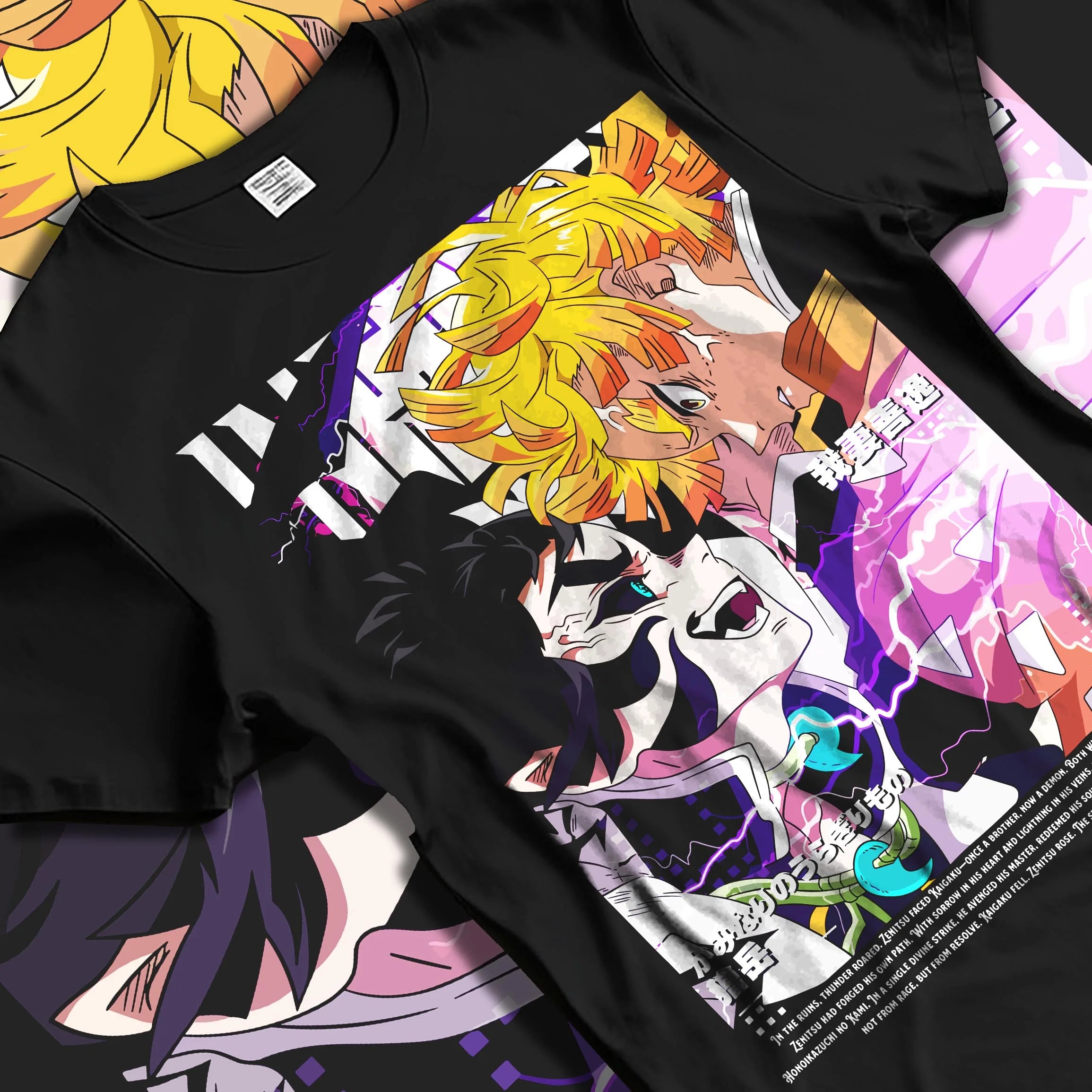 Black T-shirt laid flat with natural folds with Rengoku Uzui Hoodie Demon Slayer Flame Sound Hashira graphic streetwear graphic.