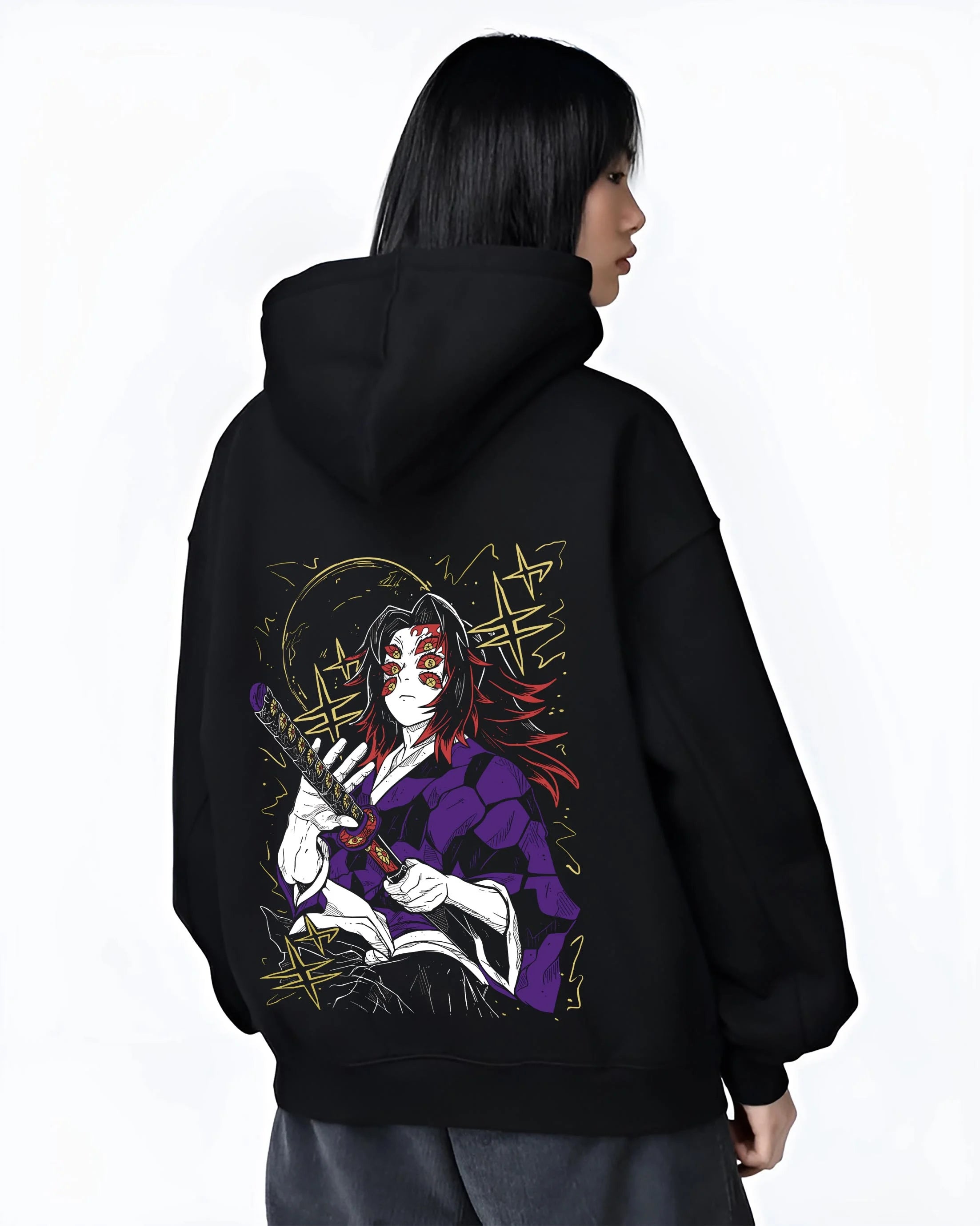 Black hoodie worn by female model, back view with Kokushibo Hoodie Demon Slayer Blood Moon Blade graphic streetwear graphic.
