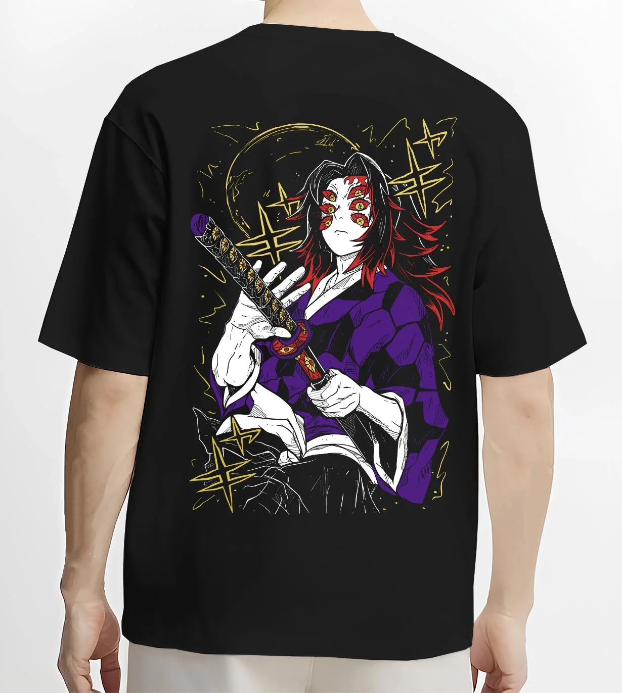 Black T-shirt worn by male model, back view with Kokushibo Hoodie Demon Slayer Blood Moon Blade graphic bold anime graphic.