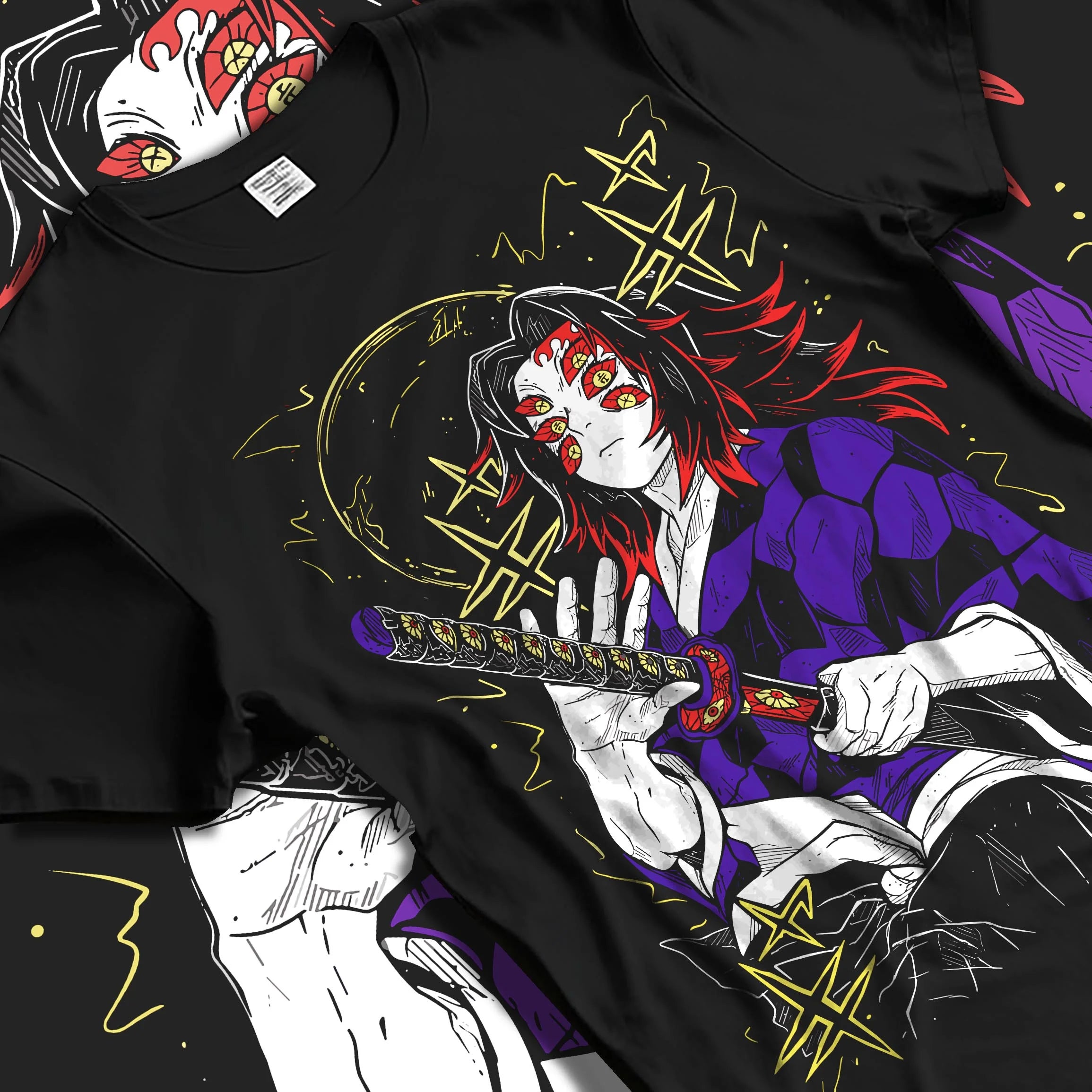 Black T-shirt laid flat with natural folds with Kokushibo Hoodie Demon Slayer Blood Moon Blade graphic streetwear graphic.