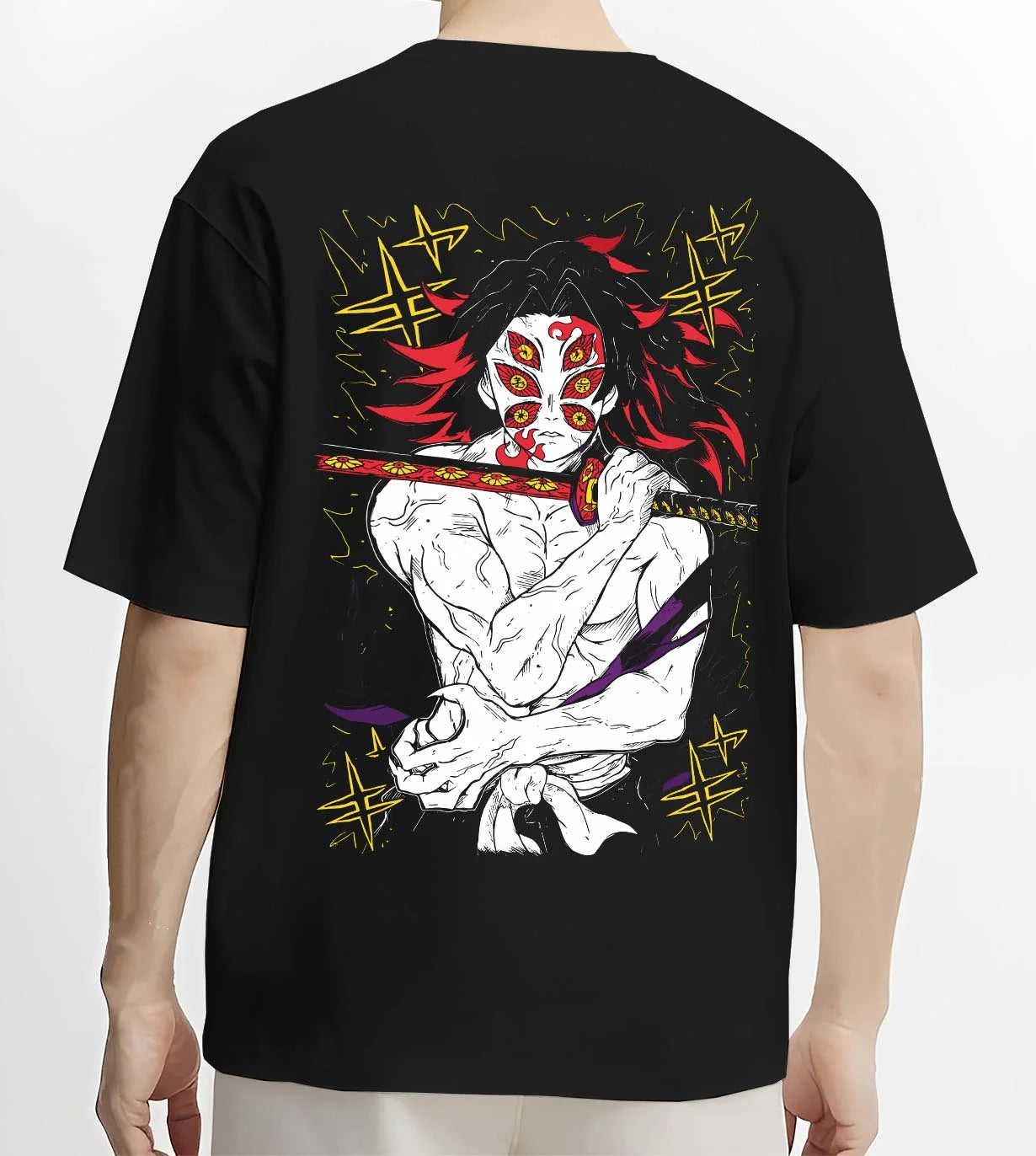Black T-shirt worn by male model, back view with Kokushibo Hoodie Demon Slayer Crescent Marked graphic bold anime graphic.
