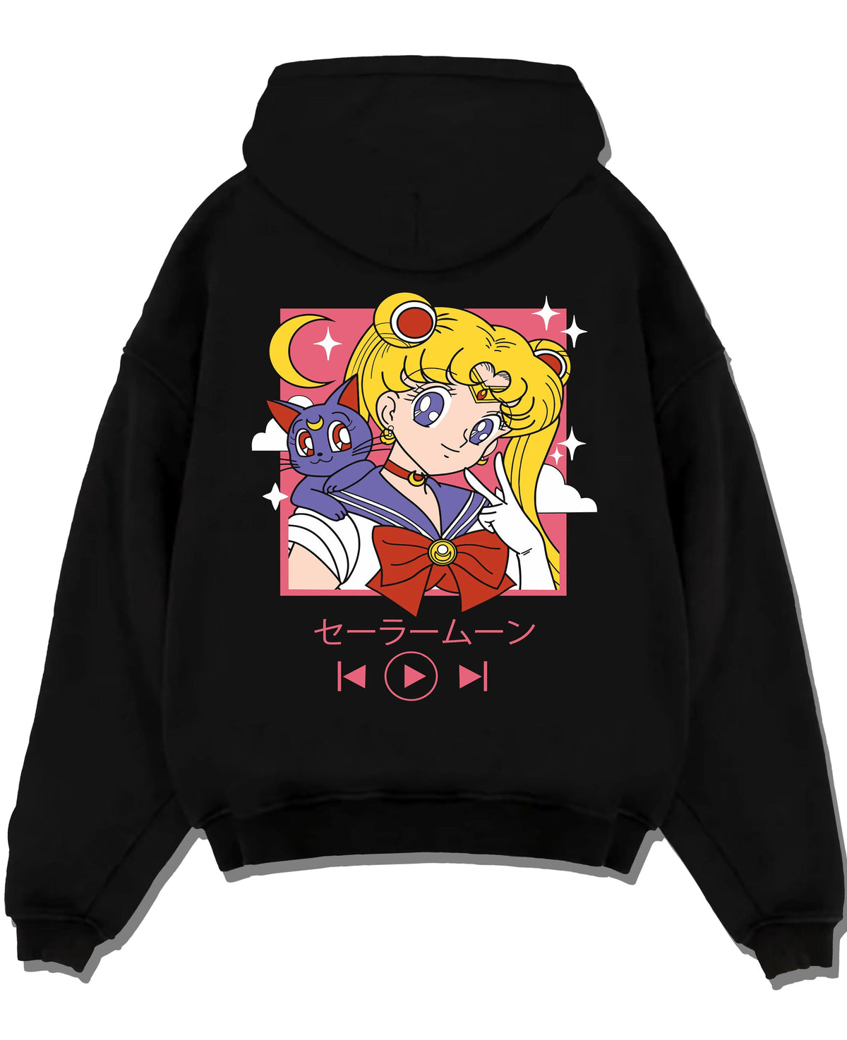 Black hoodie laid flat featuring Sailor Moon with Luna artwork.