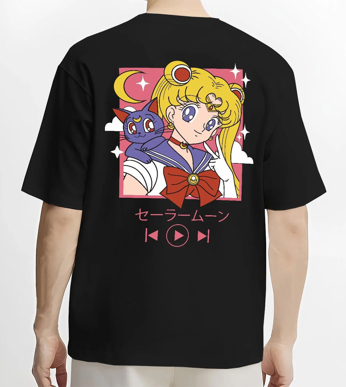 Black T-shirt worn by male model from the back featuring Sailor Moon with Luna artwork.