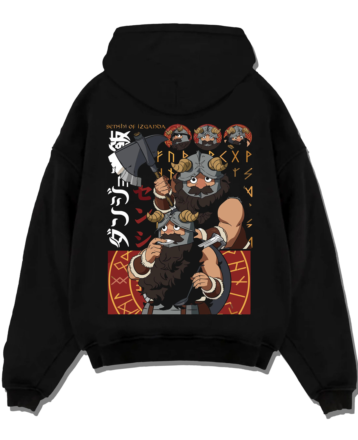 Black hoodie laid flat featuring Senshi the dwarf cook artwork.