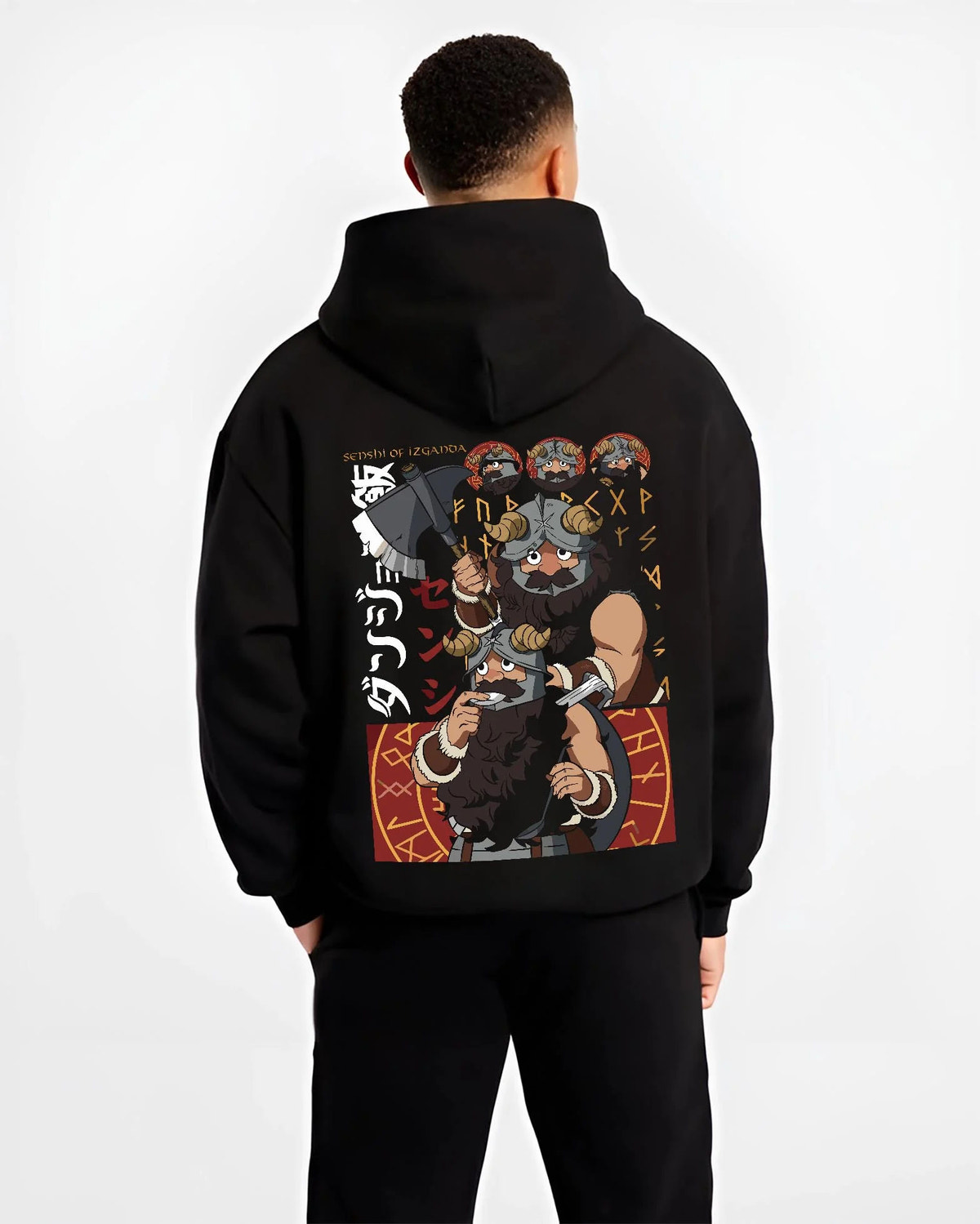 Black hoodie worn by male model from the back featuring Senshi the dwarf cook artwork.