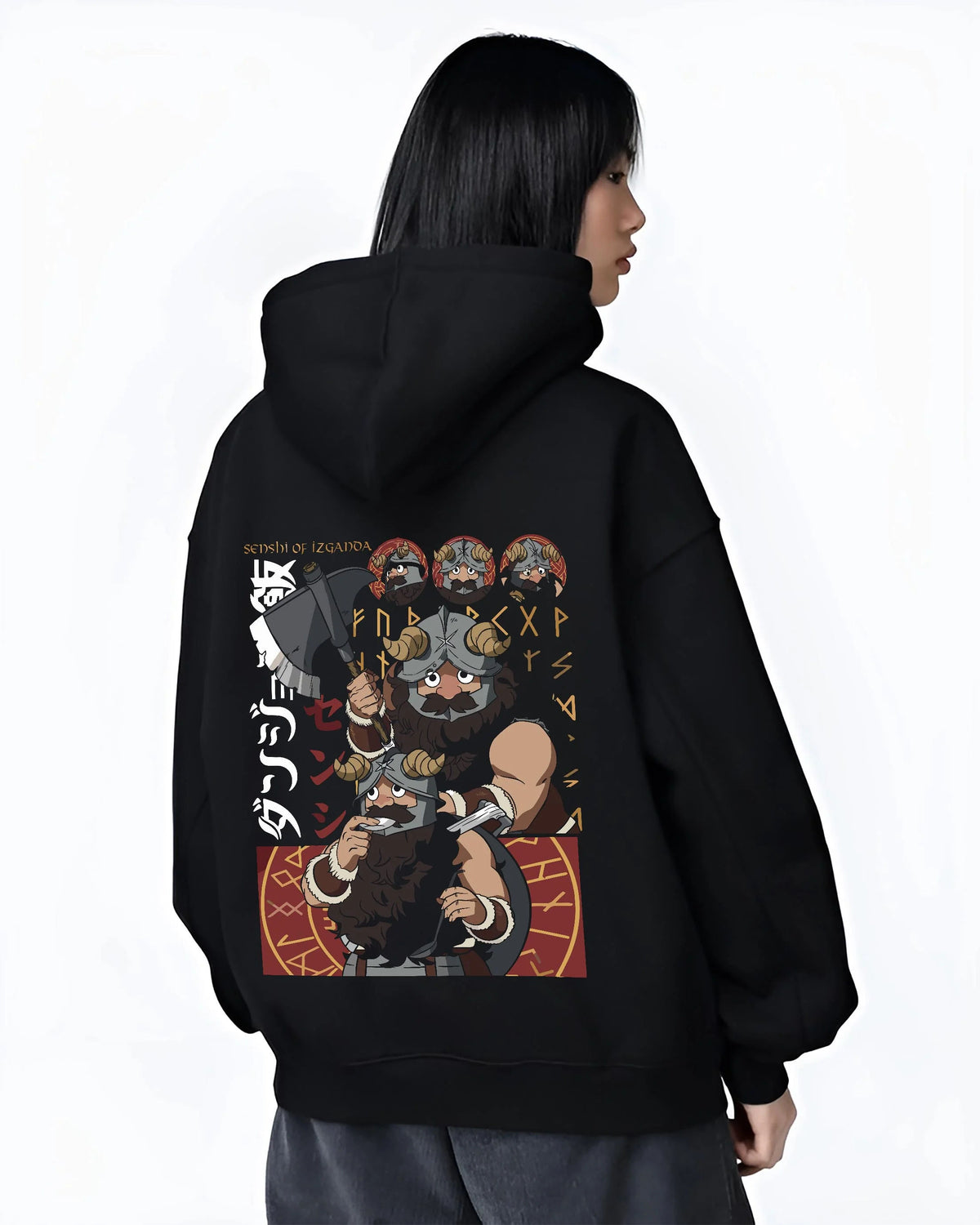 Black hoodie worn by female model from the back featuring Senshi the dwarf cook artwork.