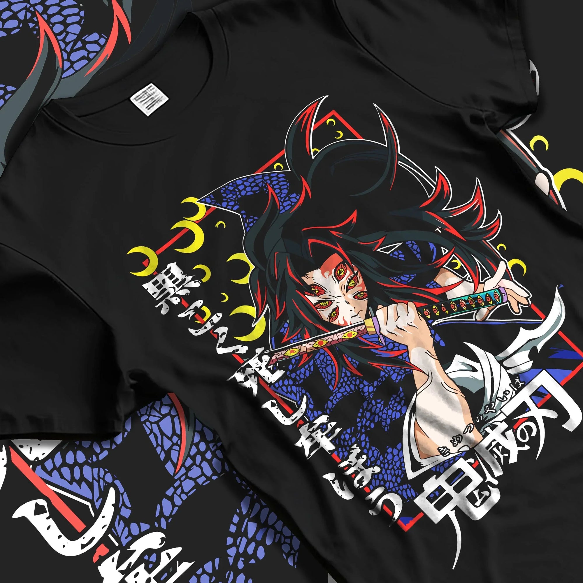Black T-shirt laid flat with natural folds with Kokushibo Hoodie Demon Slayer Tragic Moon Form graphic premium wear.