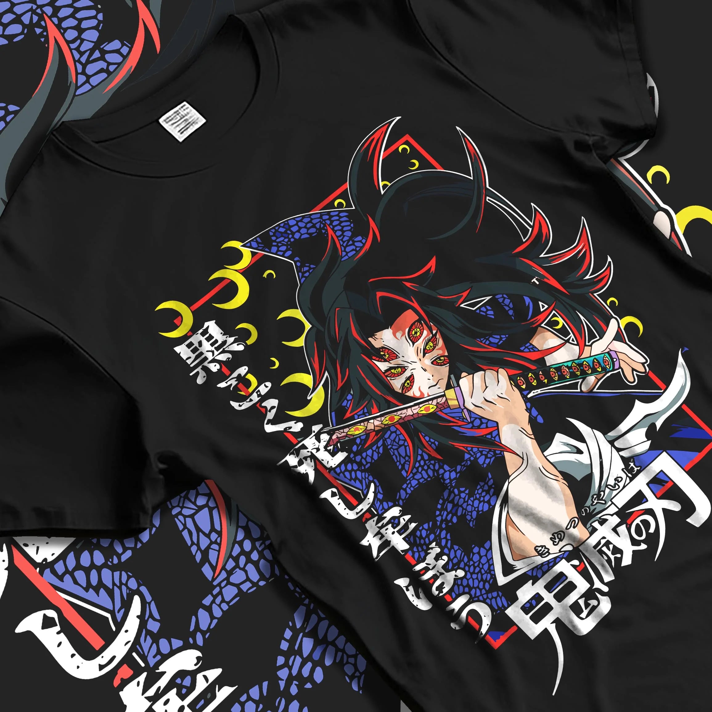 Black T-shirt laid flat with natural folds with Kokushibo Hoodie Demon Slayer Tragic Moon Form graphic premium wear.