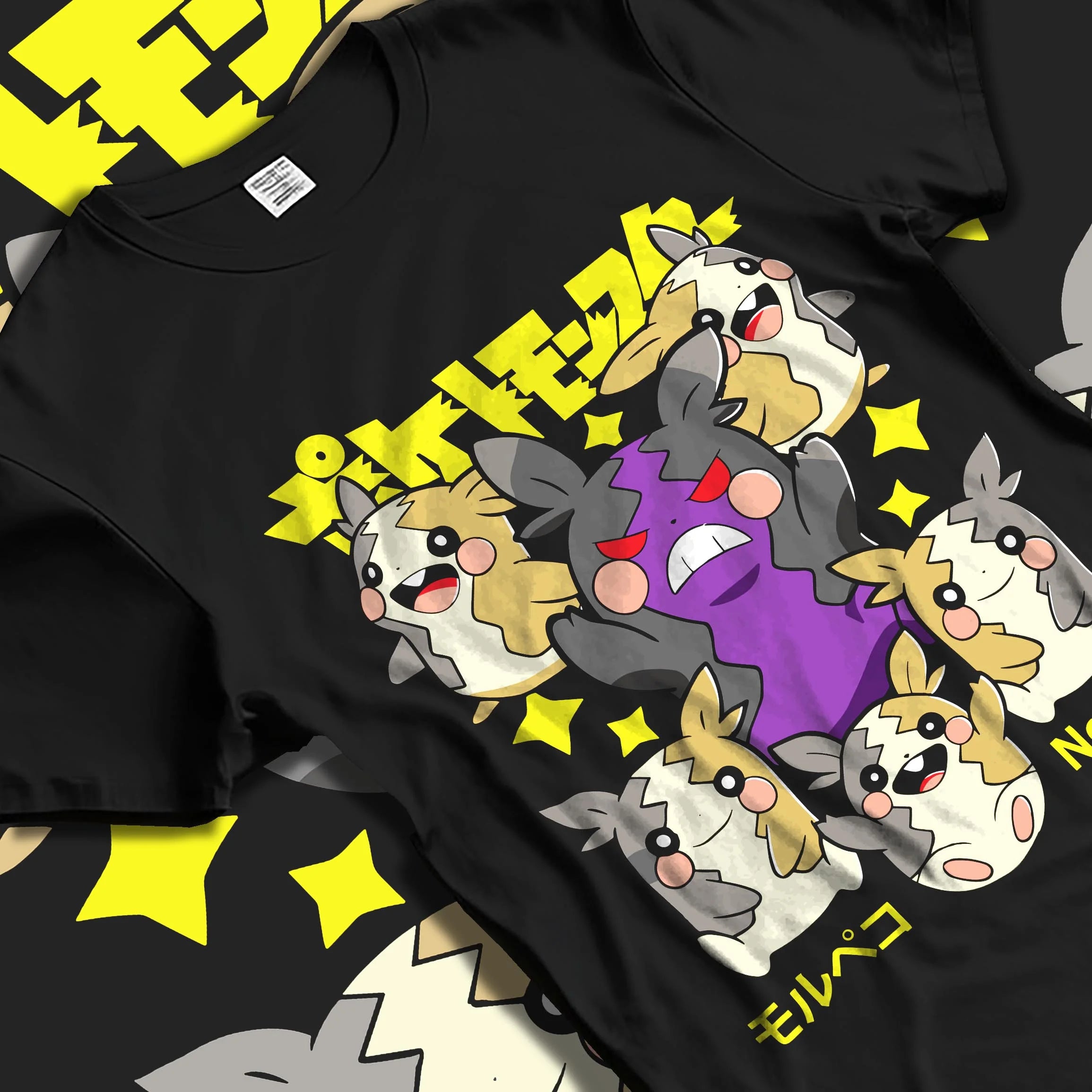 Black T-shirt laid flat with natural folds with Morpeko Hoodie Pokémon Character Evolution graphic premium wear.