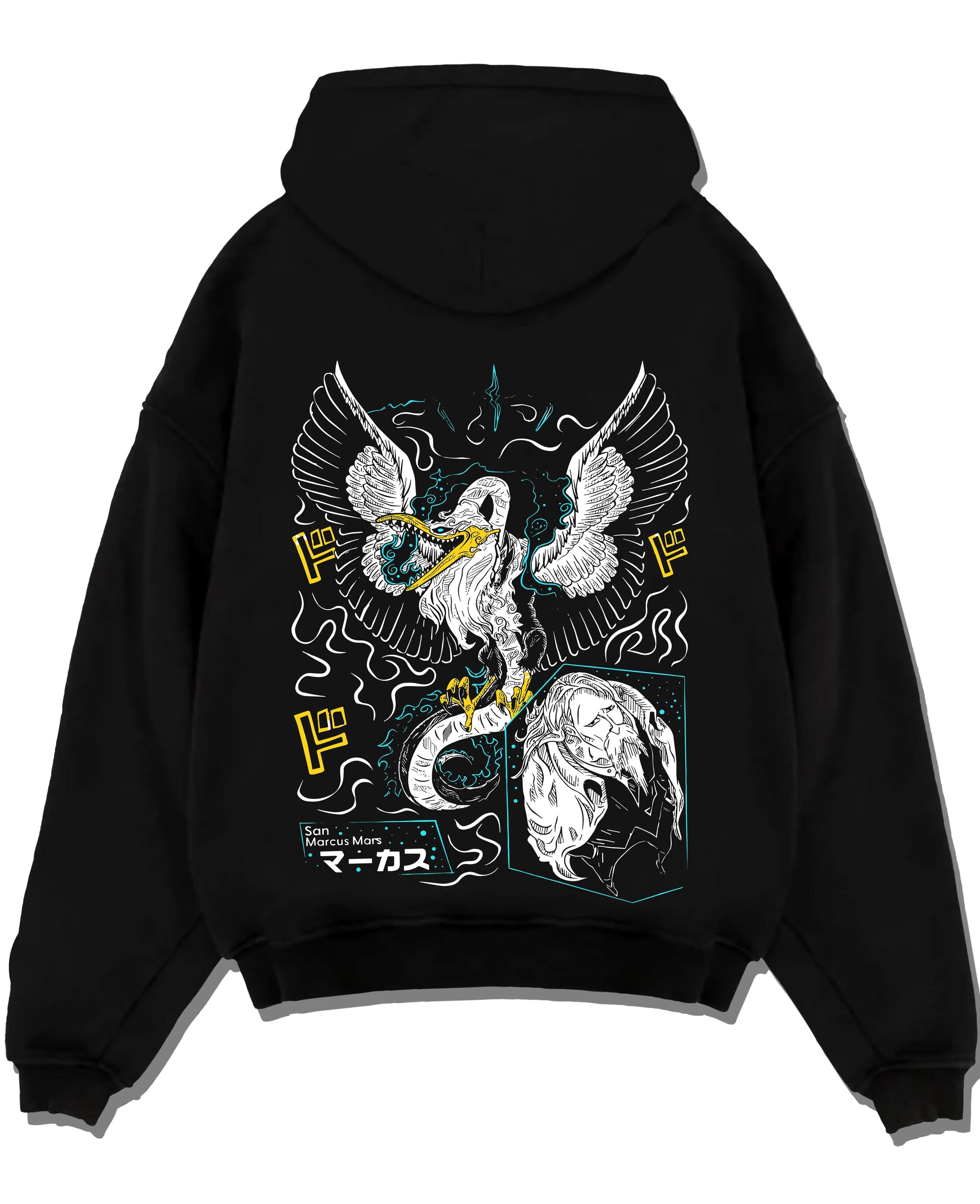 Black pullover hoodie laid flat with Marcus Hoodie Saint Seiya Mythical Phoenix Armor graphic bold anime graphic.