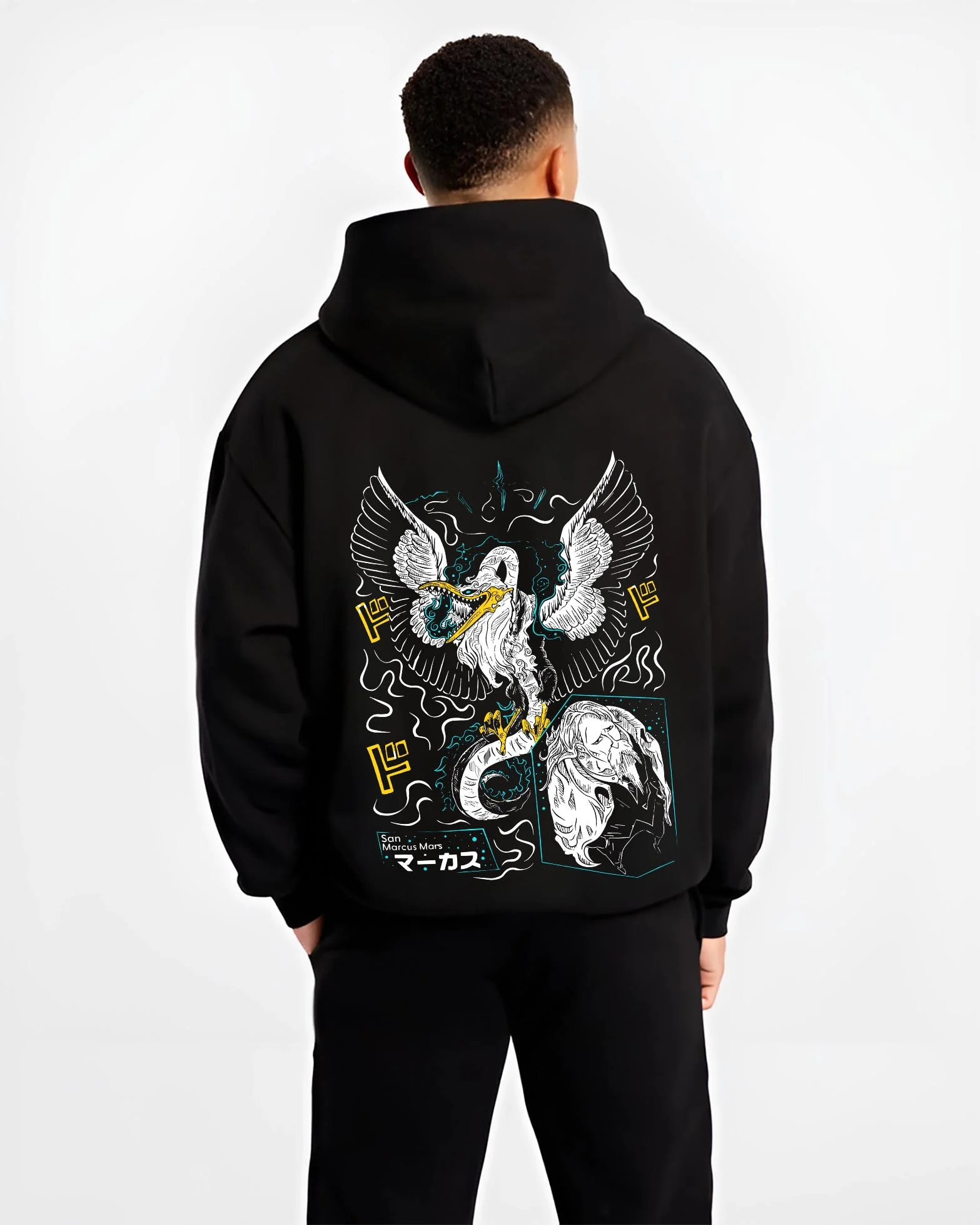Black hoodie worn by male model, back view with Marcus Hoodie Saint Seiya Mythical Phoenix Armor graphic Marcus anime design.