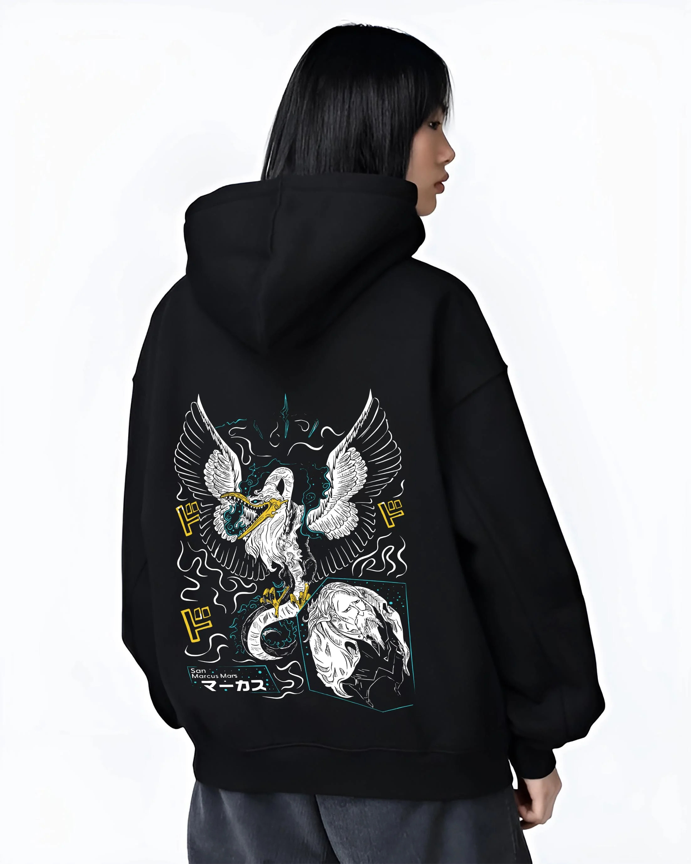 Black hoodie worn by female model, back view with Marcus Hoodie Saint Seiya Mythical Phoenix Armor graphic premium wear.