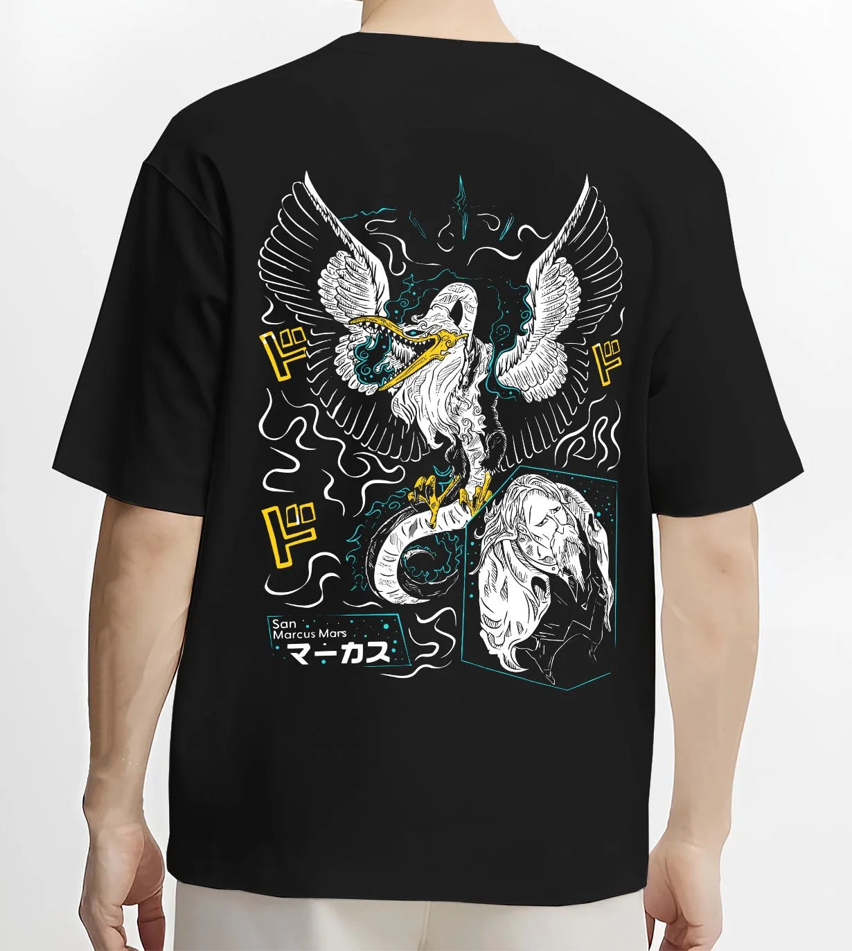 Black T-shirt worn by male model, back view with Marcus Hoodie Saint Seiya Mythical Phoenix Armor graphic Marcus anime design.