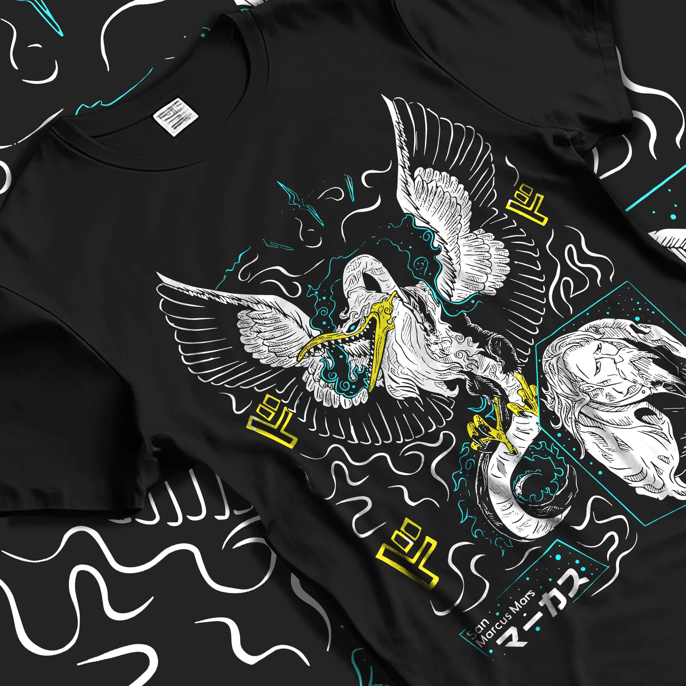 Black T-shirt laid flat with natural folds with Marcus Hoodie Saint Seiya Mythical Phoenix Armor graphic bold anime graphic.