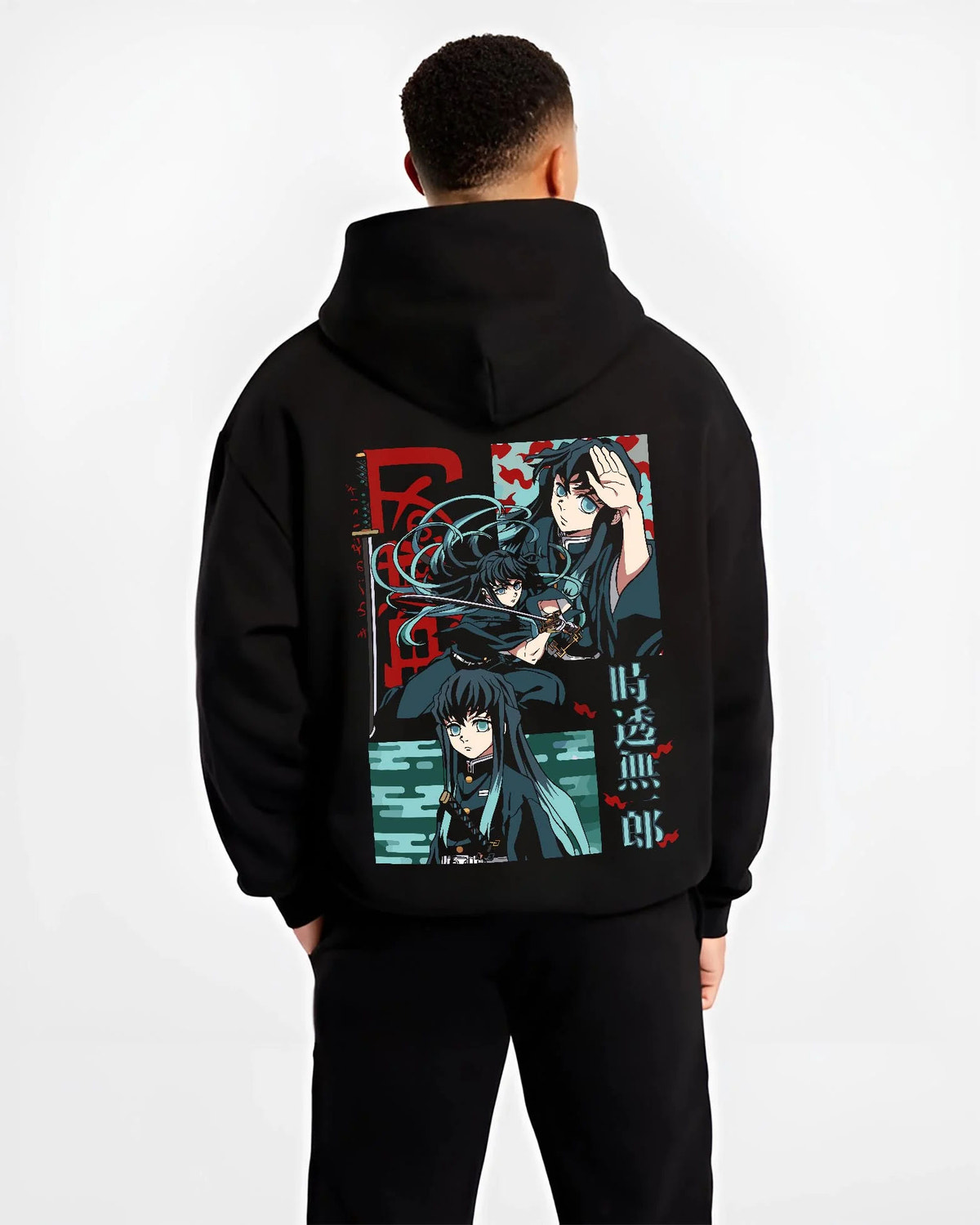 Black hoodie worn by male model from the back featuring Muichiro Tokito Mist Hashira collage artwork.
