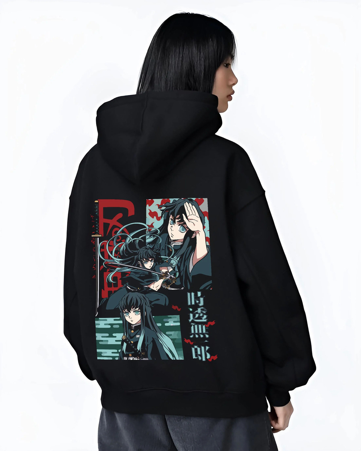 Black hoodie worn by female model from the back featuring Muichiro Tokito Mist Hashira collage artwork.