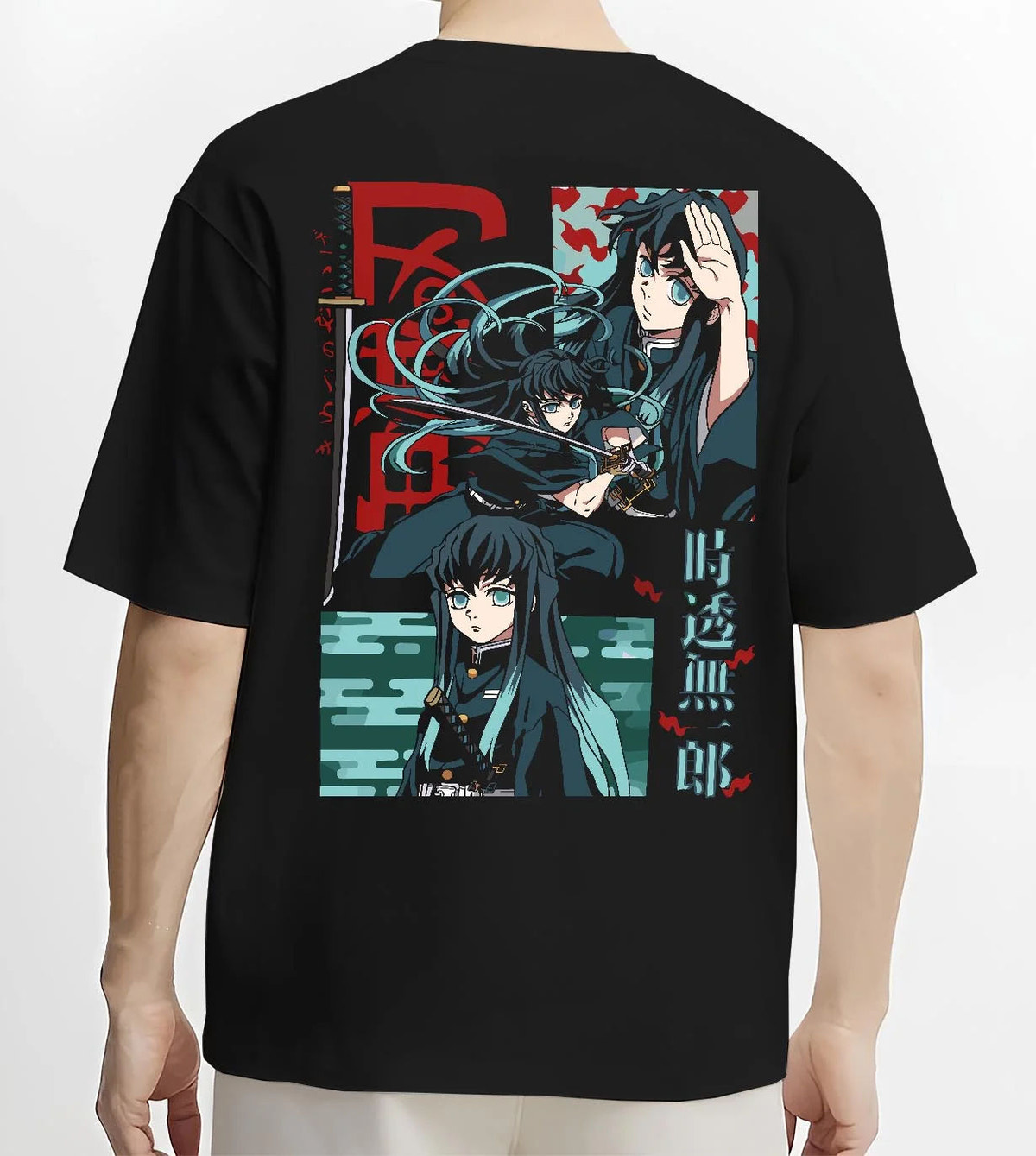 Black T-shirt worn by male model from the back featuring Muichiro Tokito Mist Hashira collage artwork.