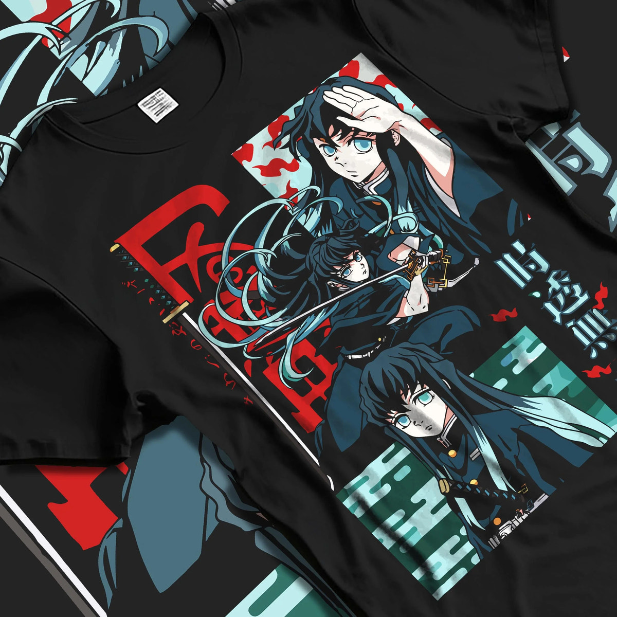 Black T-shirt laid flat with natural folds featuring Muichiro Tokito Mist Hashira collage artwork.