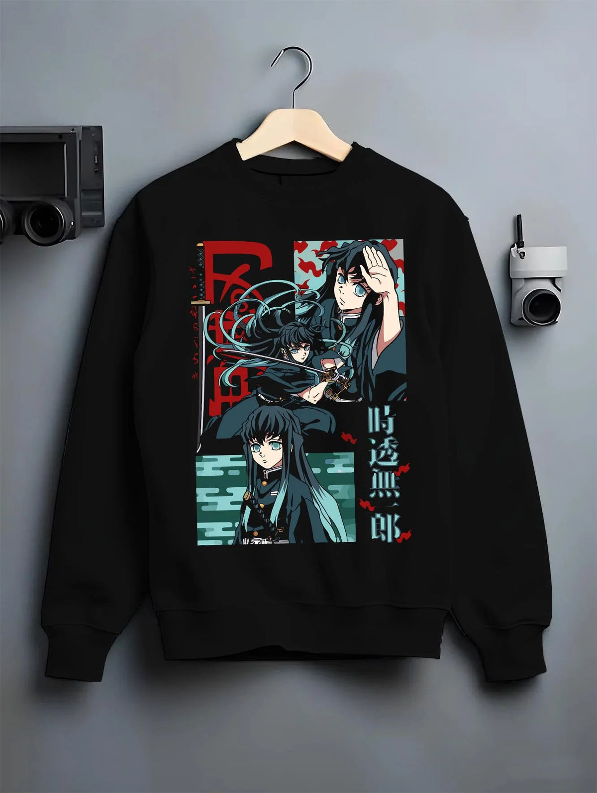 Black crewneck sweatshirt on hanger featuring Muichiro Tokito Mist Hashira collage artwork.
