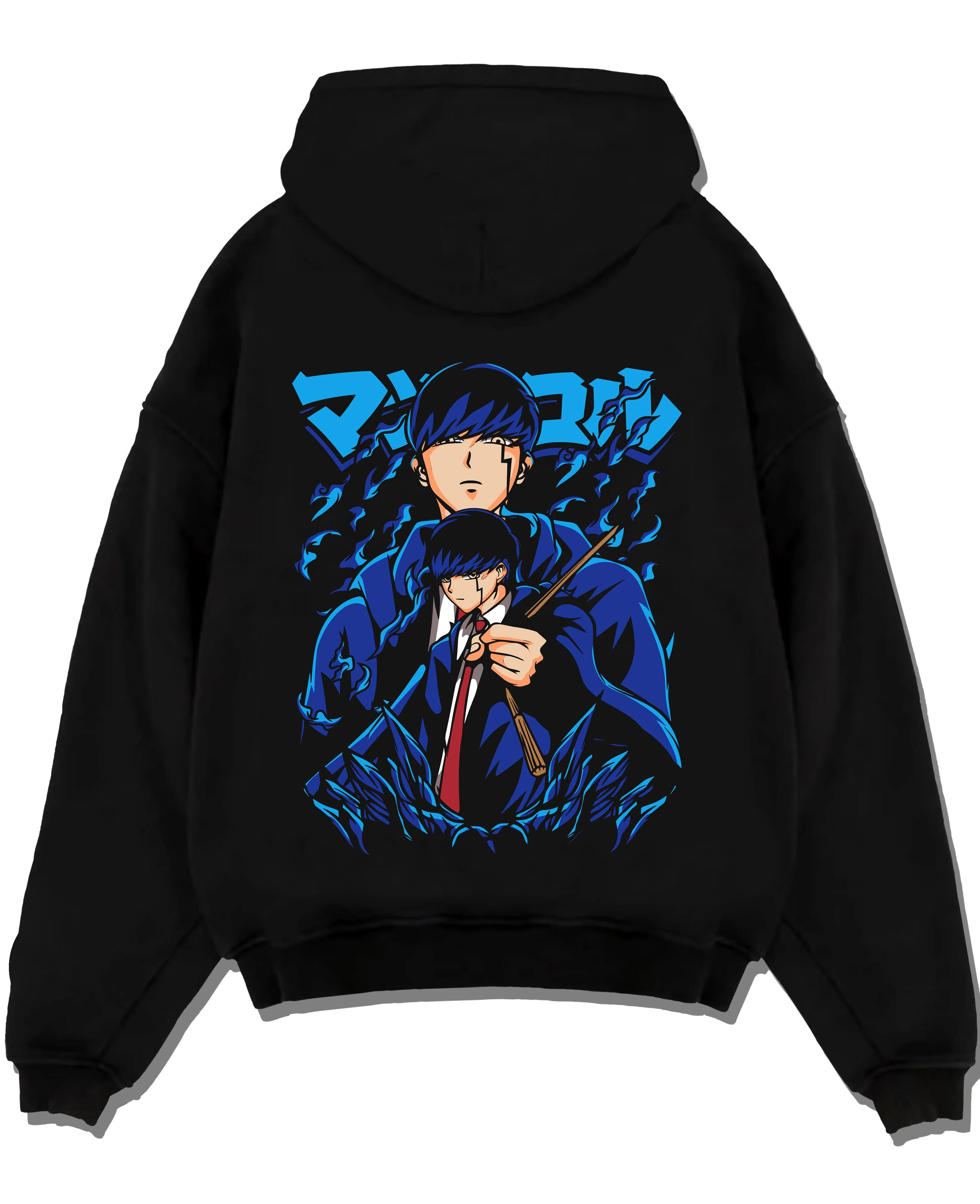 Black pullover hoodie laid flat with Mob Psycho Hoodie Mob Psycho 100 Blue Energy graphic bold anime graphic.