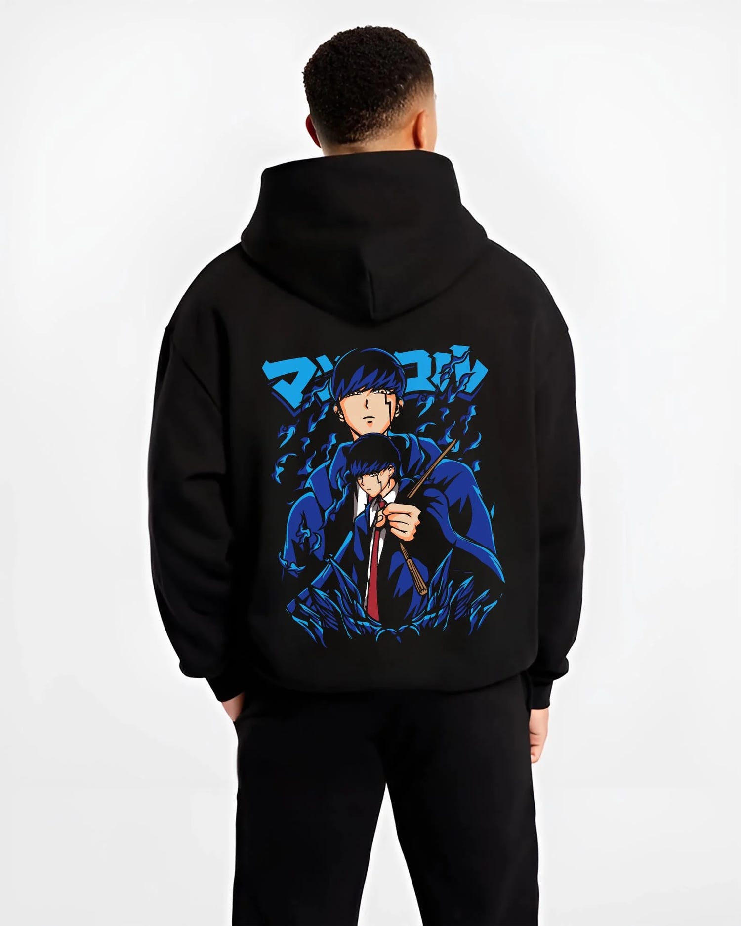 Black hoodie worn by male model, back view with Mob Psycho Hoodie Mob Psycho 100 Blue Energy graphic bold anime graphic.