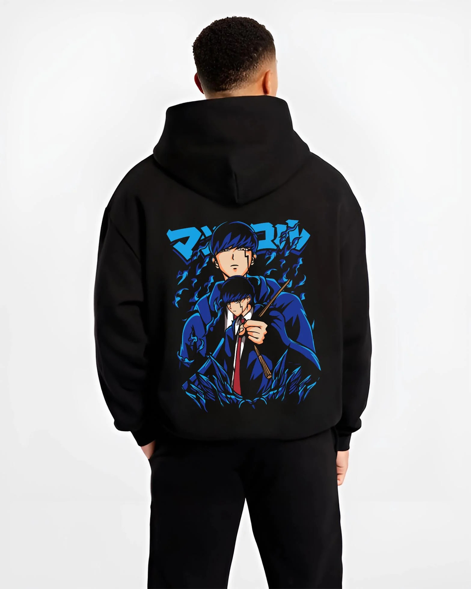 Black hoodie worn by male model, back view with Mob Psycho Hoodie Mob Psycho 100 Blue Energy graphic bold anime graphic.