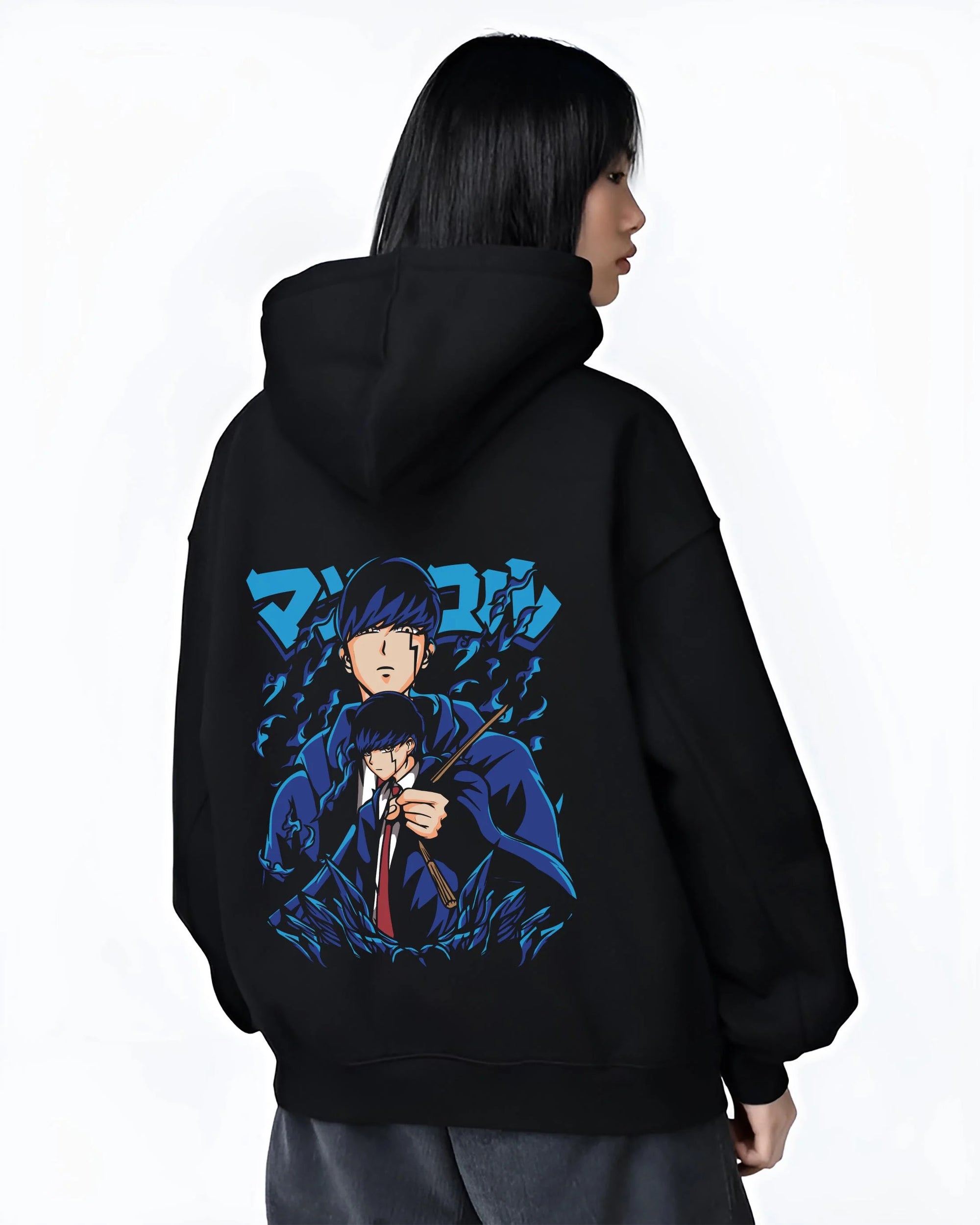 Black hoodie worn by female model, back view with Mob Psycho Hoodie Mob Psycho 100 Blue Energy graphic bold anime graphic.