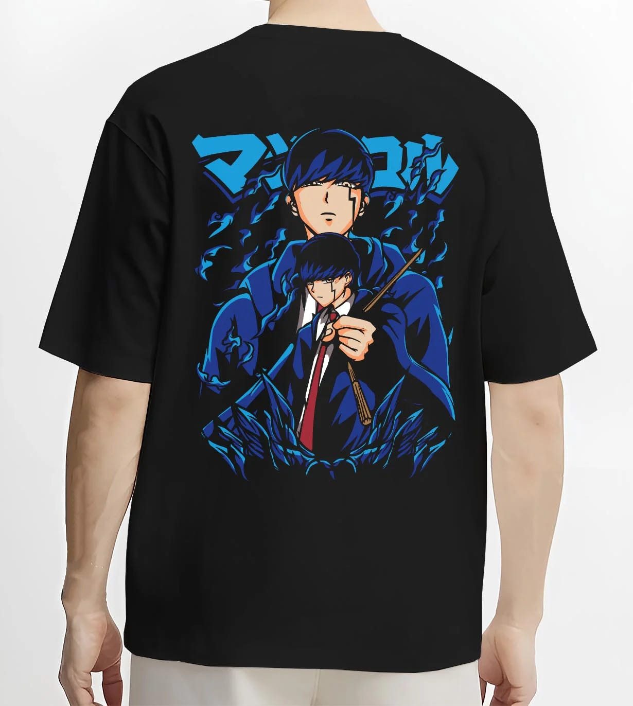 Black T-shirt worn by male model, back view with Mob Psycho Hoodie Mob Psycho 100 Blue Energy graphic streetwear graphic.
