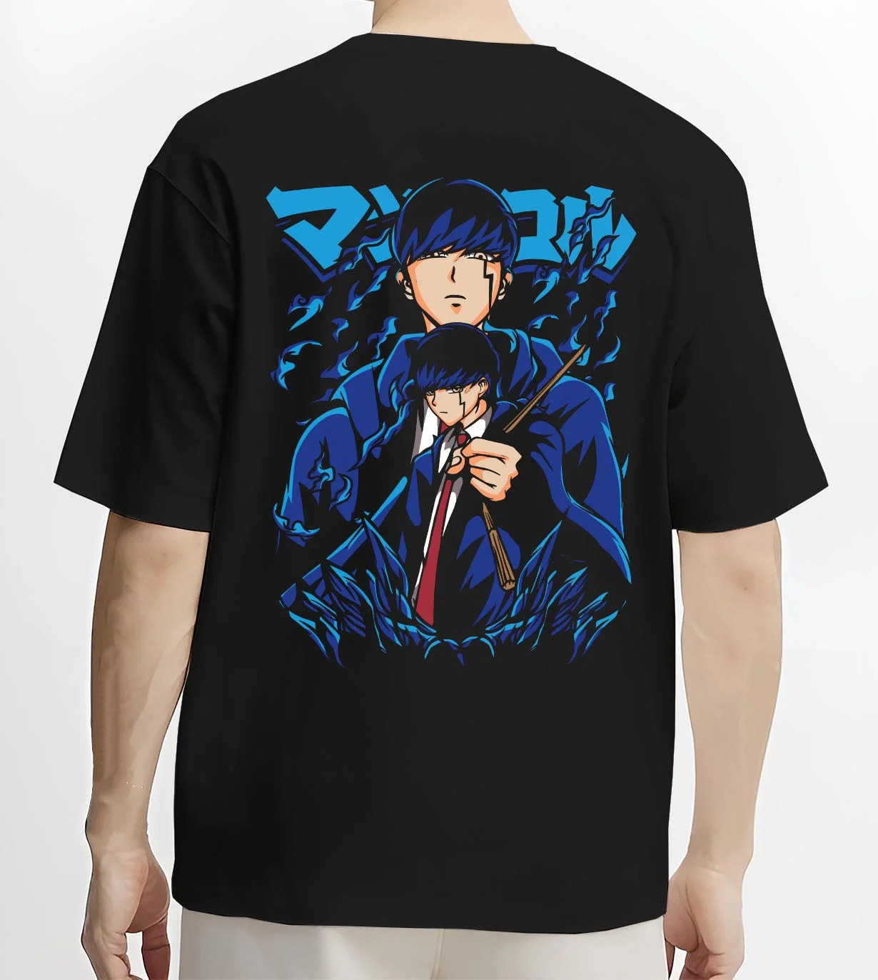 Black T-shirt worn by male model, back view with Mob Psycho Hoodie Mob Psycho 100 Blue Energy graphic streetwear graphic.