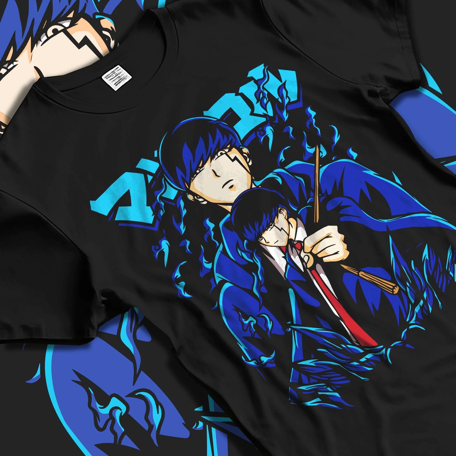 Black T-shirt laid flat with natural folds with Mob Psycho Hoodie Mob Psycho 100 Blue Energy graphic streetwear graphic.