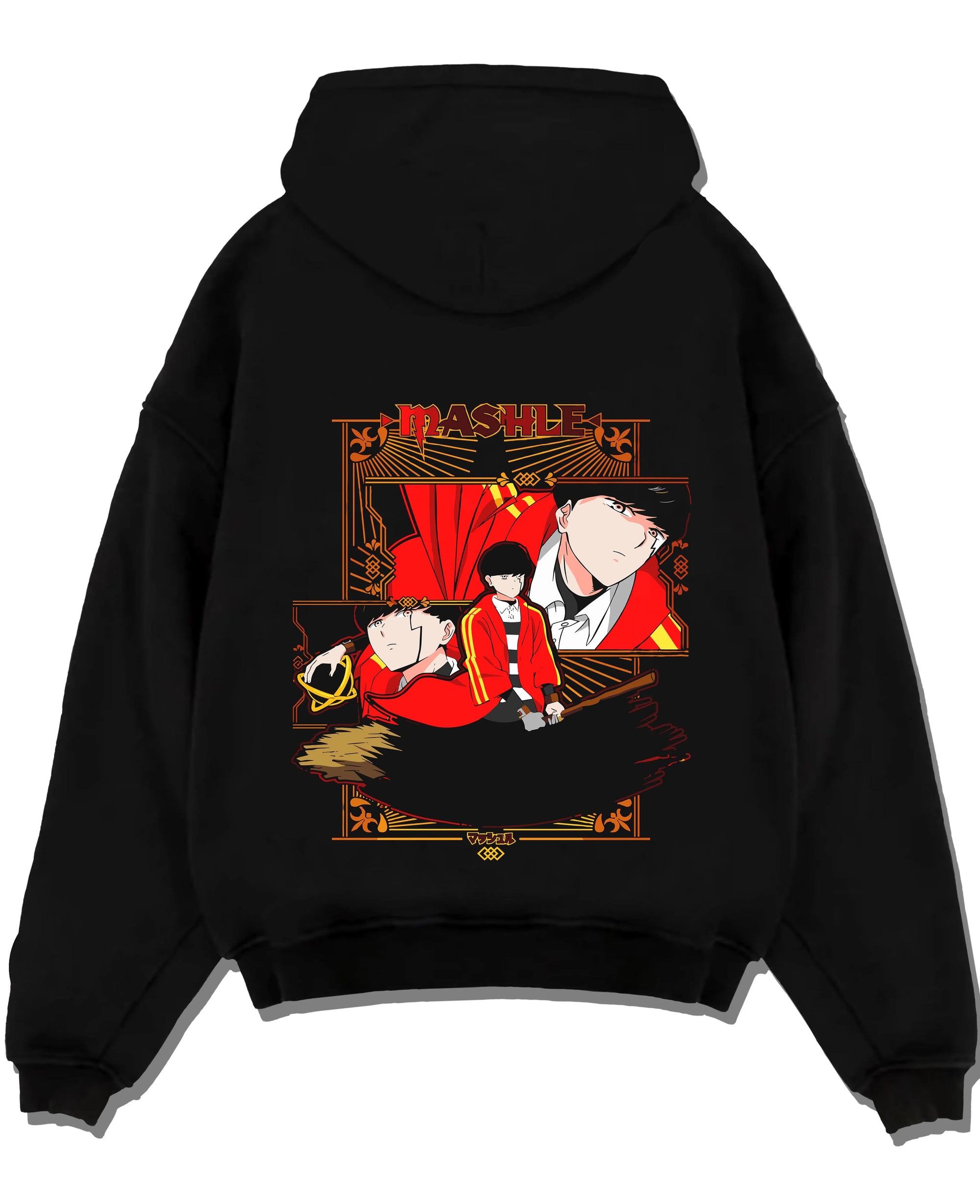Black pullover hoodie laid flat with Mash Burnedead Hoodie Mashle Crimson Rage graphic bold anime graphic.