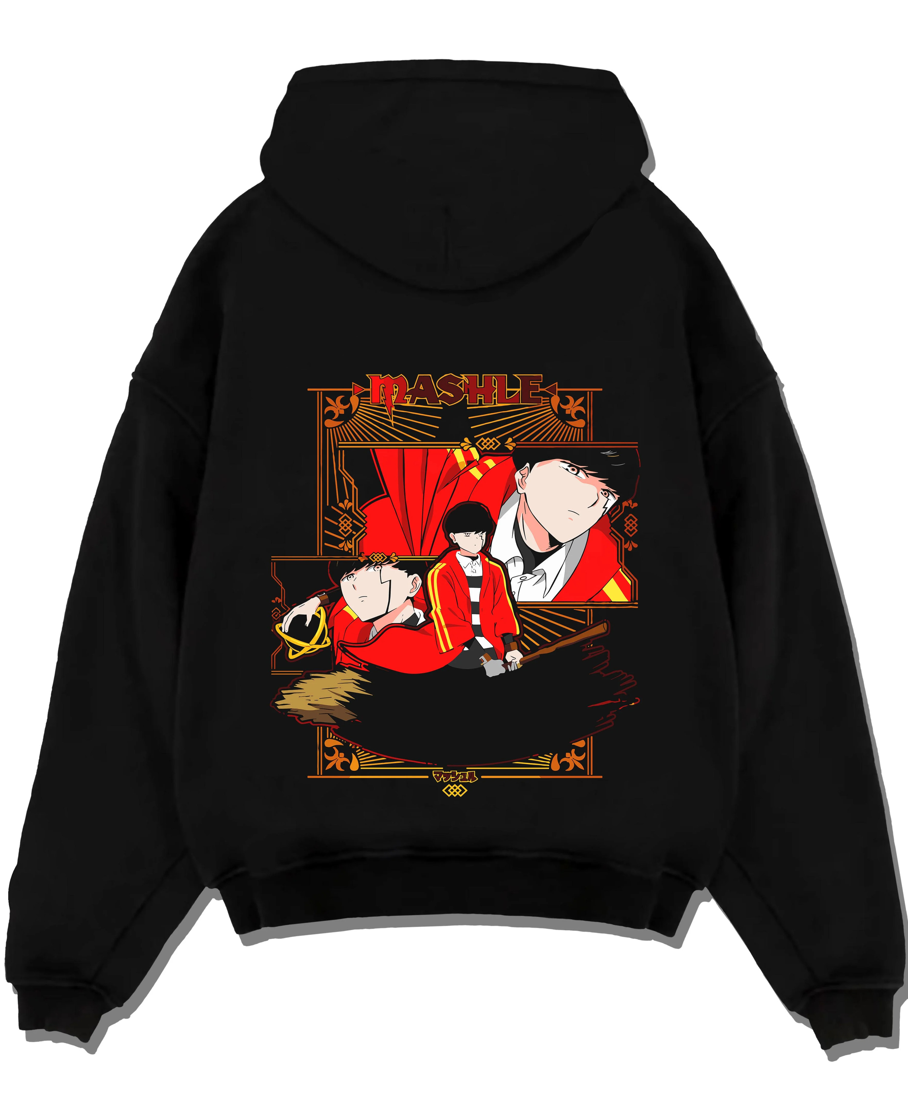 Black pullover hoodie laid flat with Mash Burnedead Hoodie Mashle Crimson Rage graphic bold anime graphic.