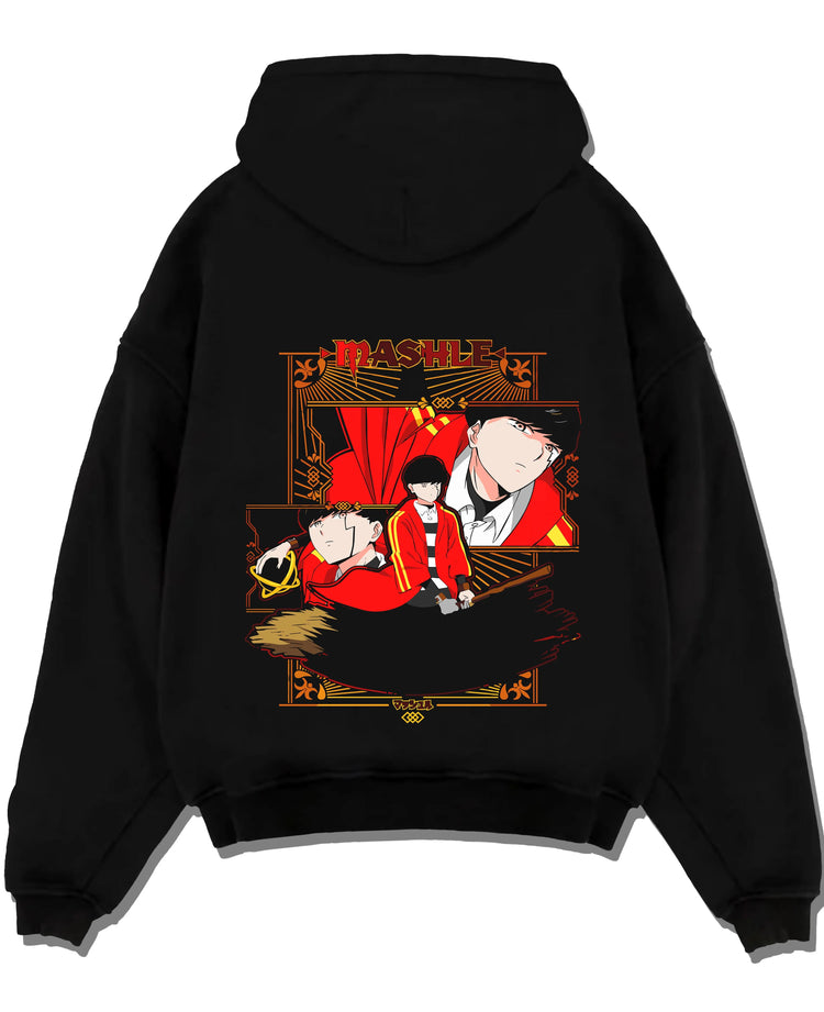 Black pullover hoodie laid flat with Mash Burnedead Hoodie Mashle Crimson Rage graphic bold anime graphic.