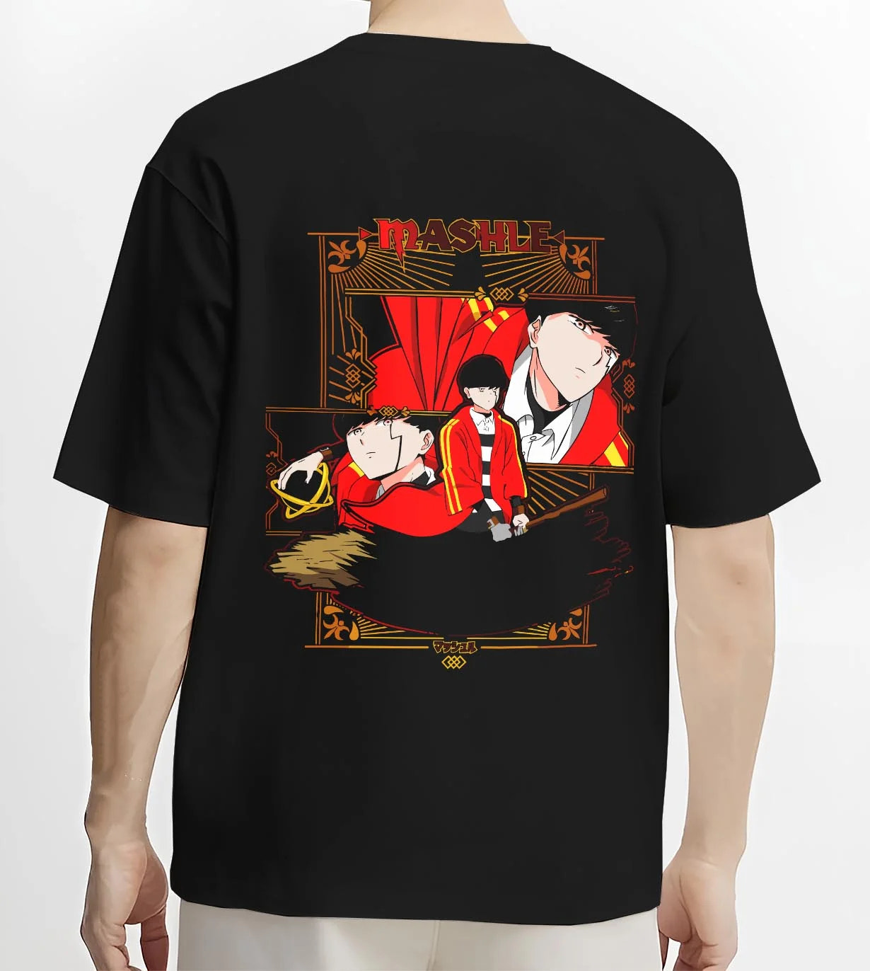 Black T-shirt worn by male model, back view with Mash Burnedead Hoodie Mashle Crimson Rage graphic streetwear graphic.