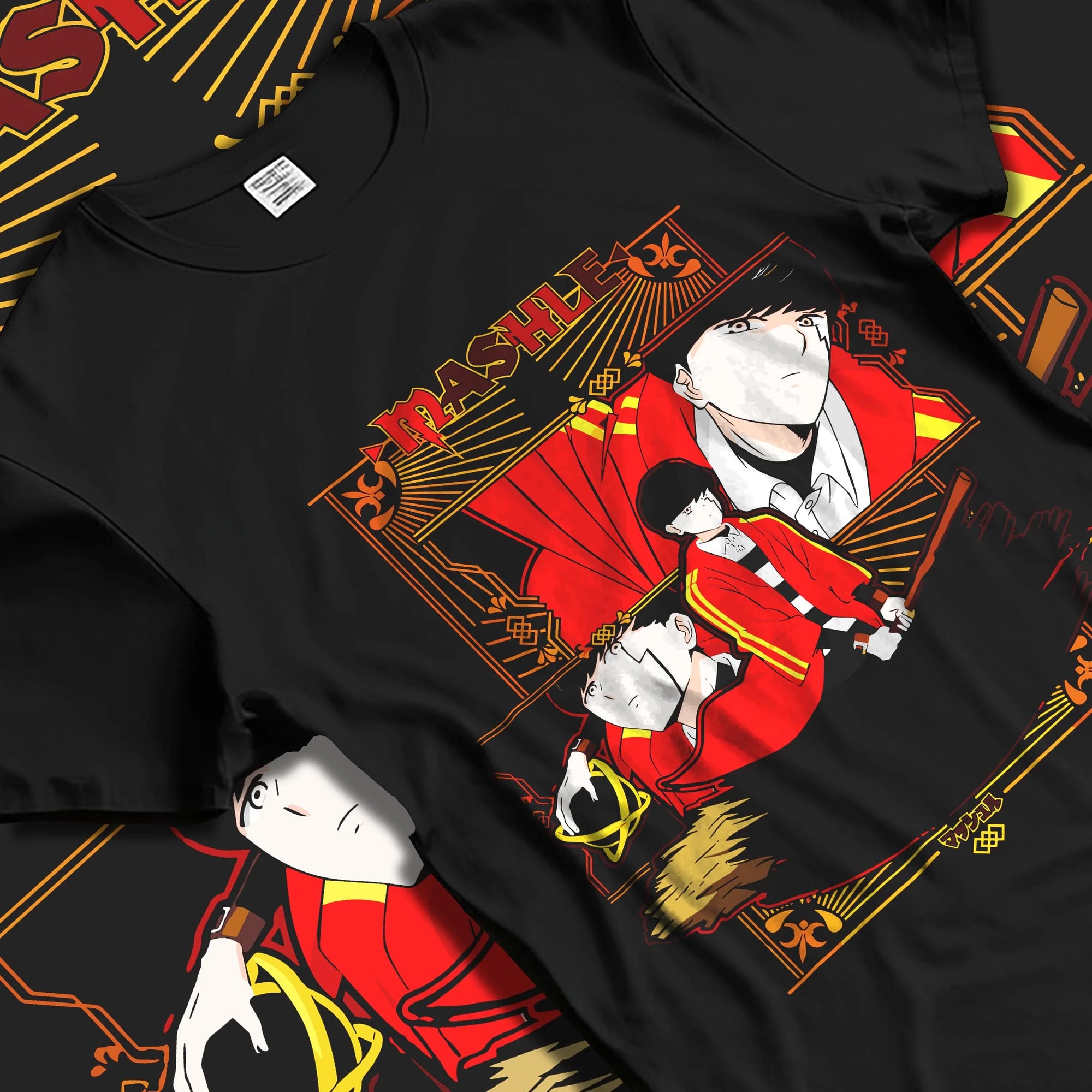 Black T-shirt laid flat with natural folds with Mash Burnedead Hoodie Mashle Crimson Rage graphic premium wear.